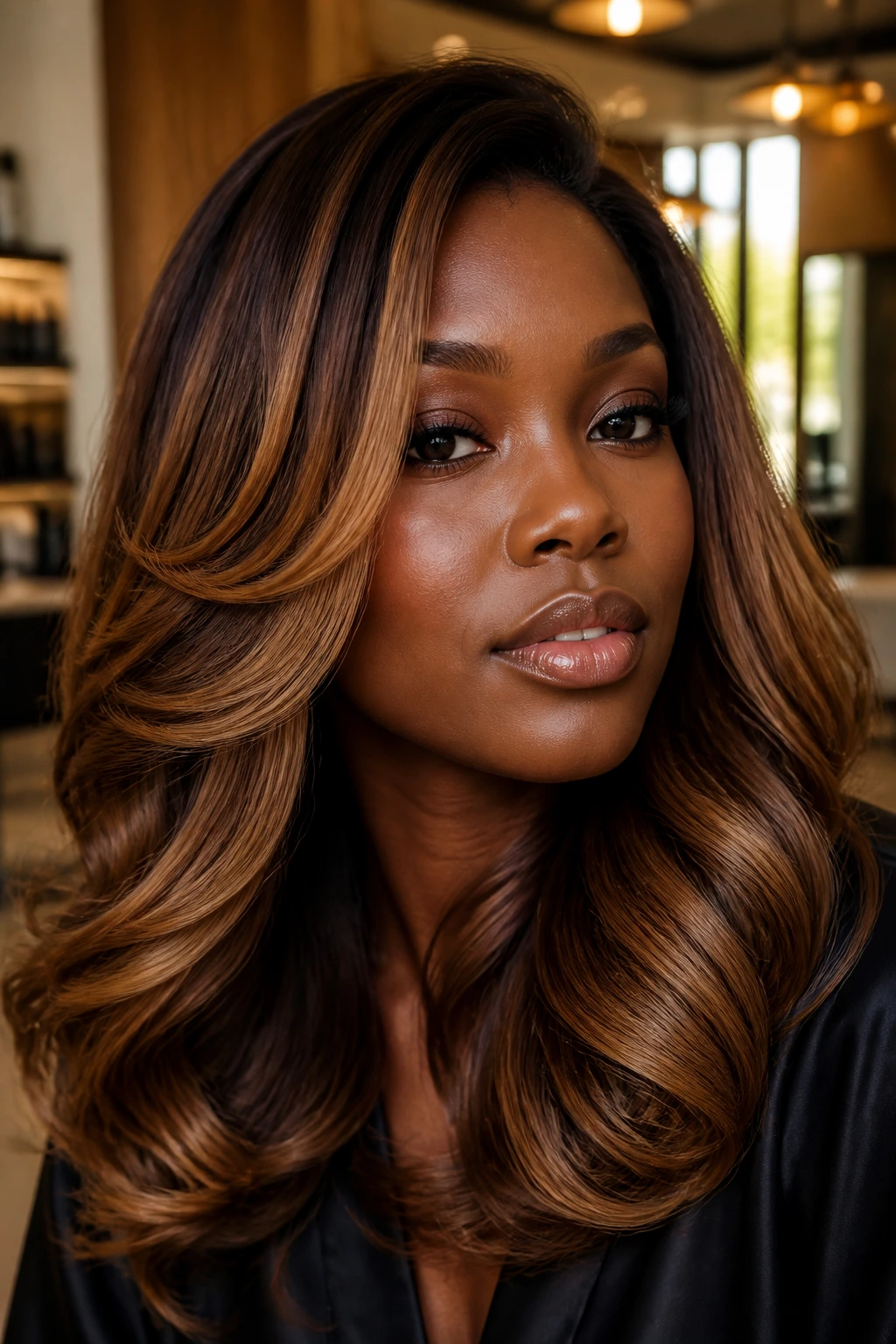 Close-up of a real woman with cinnamon glaze balayage on a glossy blowout for deep skin