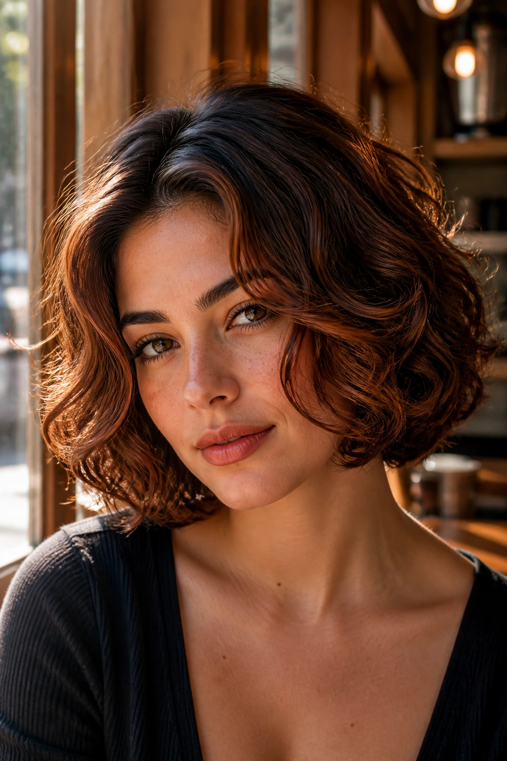 Close-up of brunette with a cinnamon-glazed rounded bob and warm auburn highlights.