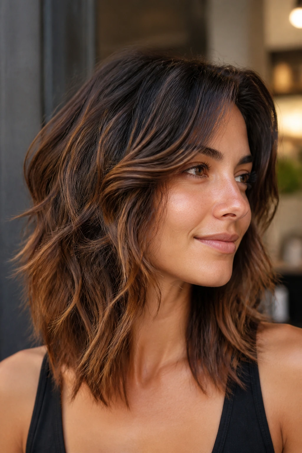 Real woman with cinnamon glaze on mid-length shag layers, olive skin