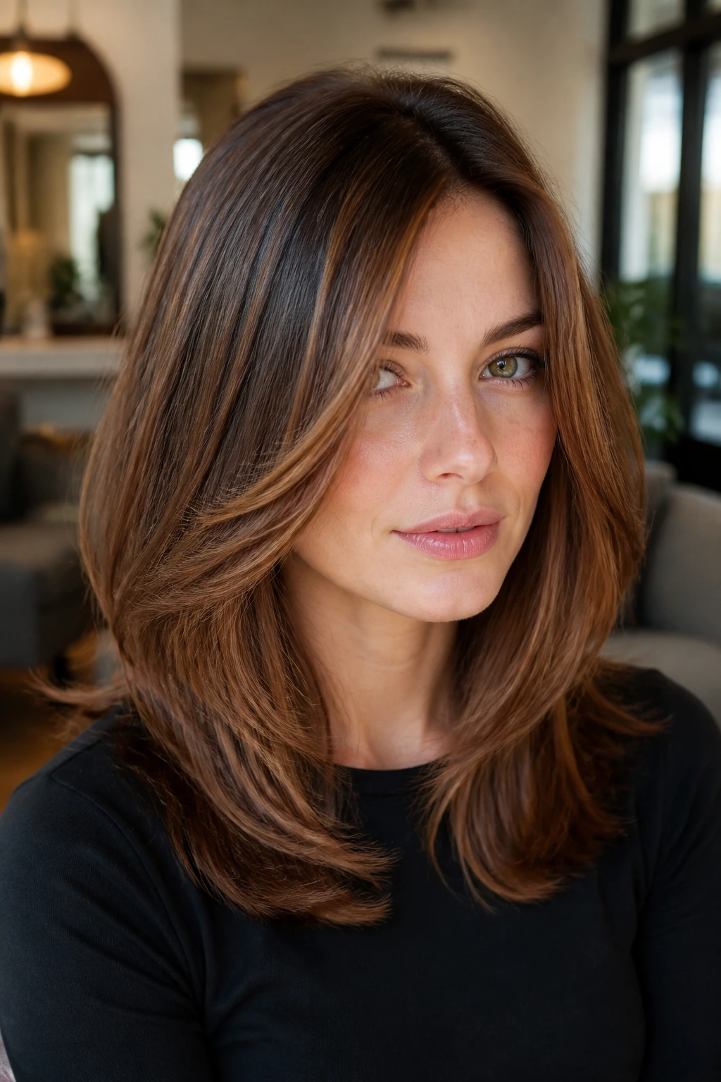 Close-up portrait of a real woman with cinnamon-glazed layers and sheer warmth