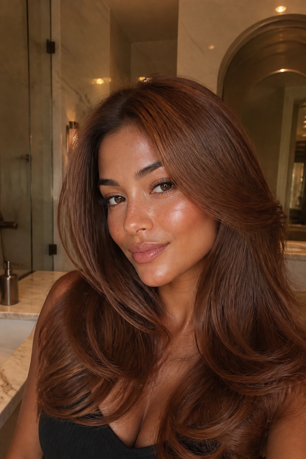 Portrait of a real woman with cinnamon gloss blowout and warm tan skin in sunlit setting.