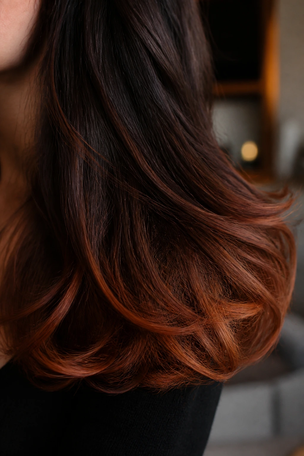 Close-up of cinnamon gloss ends on thick hair