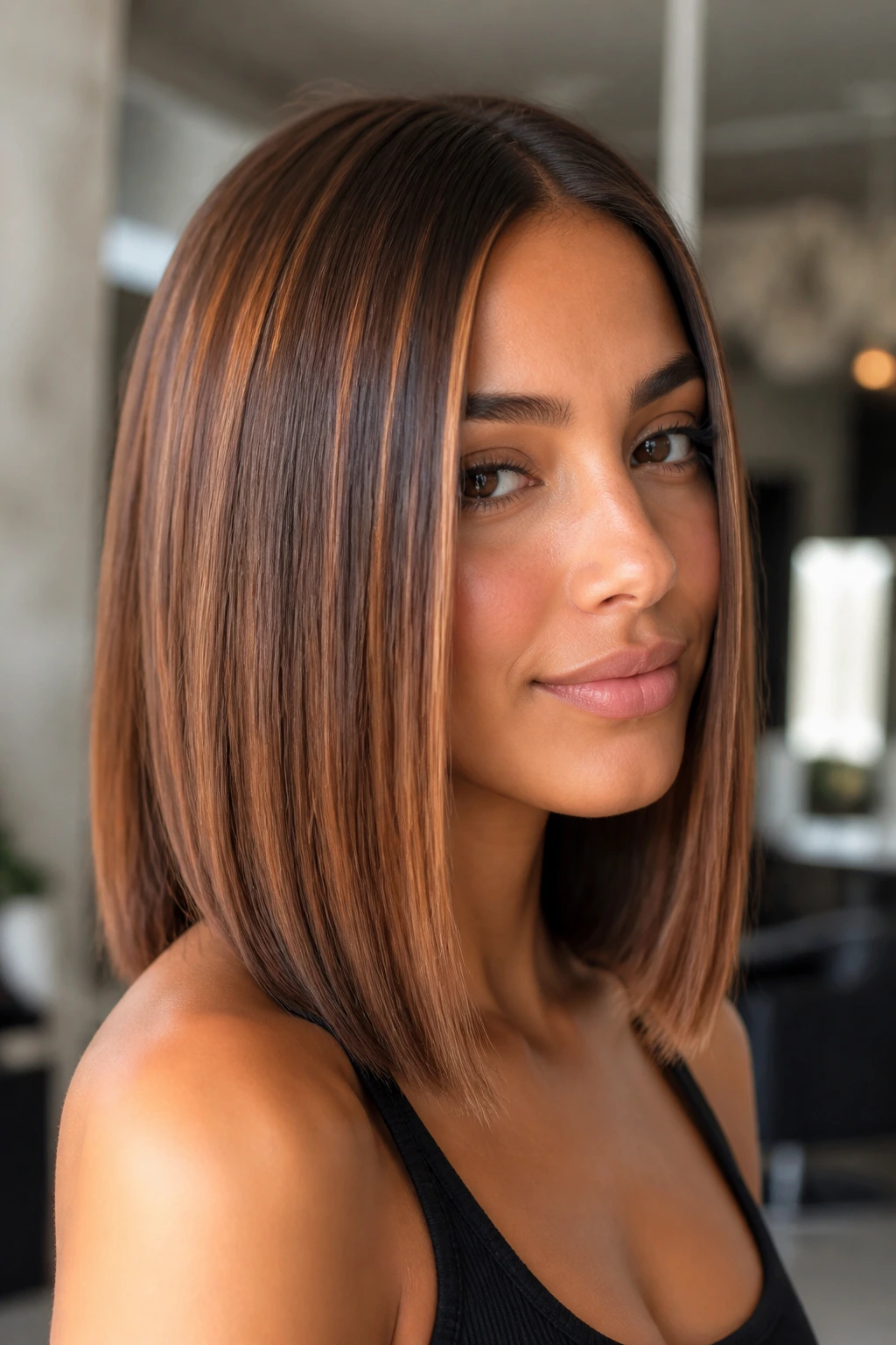 Real woman with straight lob and cinnamon gloss highlights close-up