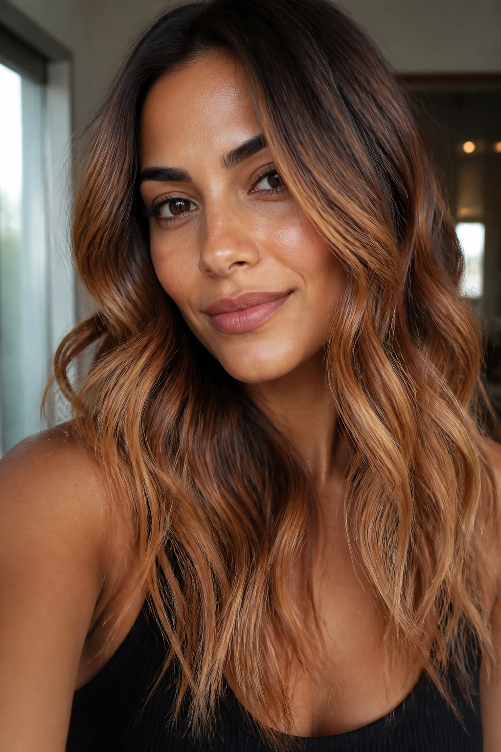 Close-up of cinnamon-glow balayage on tan skin with soft waves