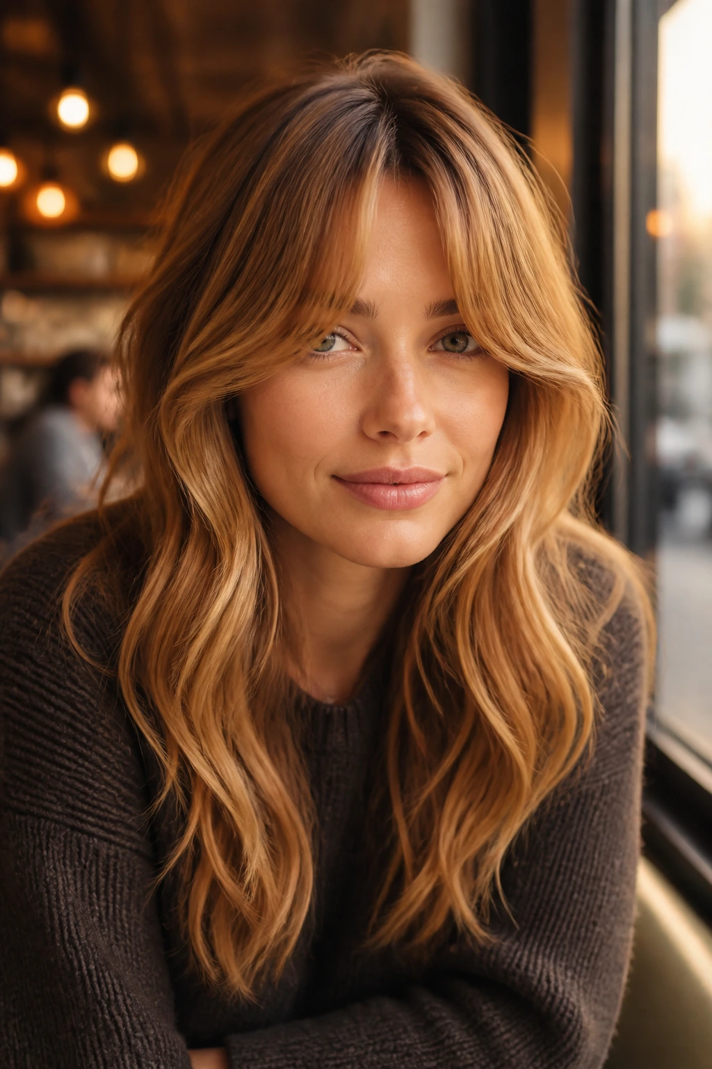 Portrait of a real woman with cinnamon gold curtain bangs and soft hair, warm lighting