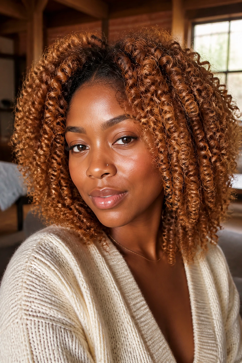 Close-up portrait of a woman with cinnamon-gold coil curls framing her face