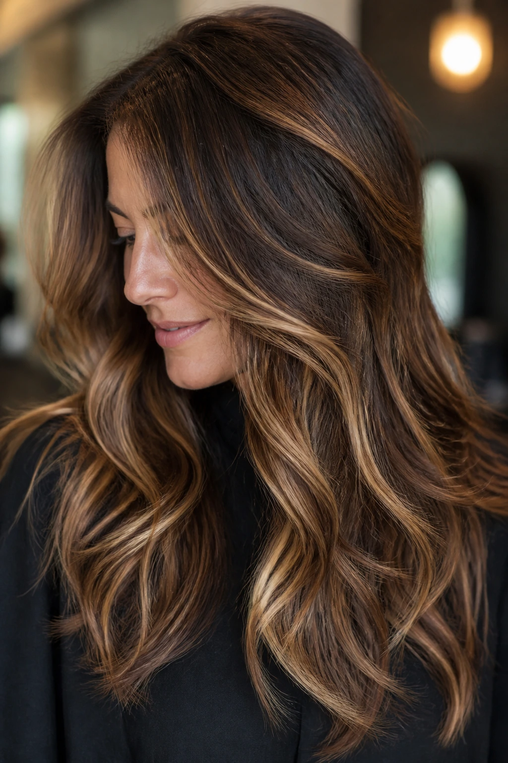 Portrait of brunette with cinnamon gold ribbons woven through layers