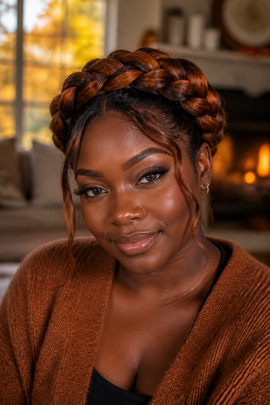 Close-up of a cinnamon halo braid on a real person with deep skin tone, warm window light.