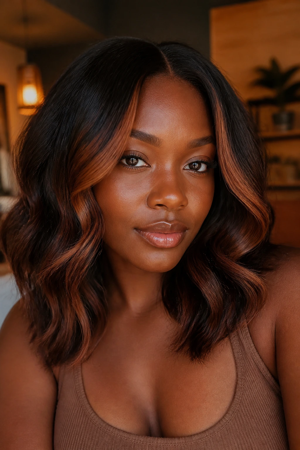 Close-up of a real woman with cinnamon highlights in brunette hair