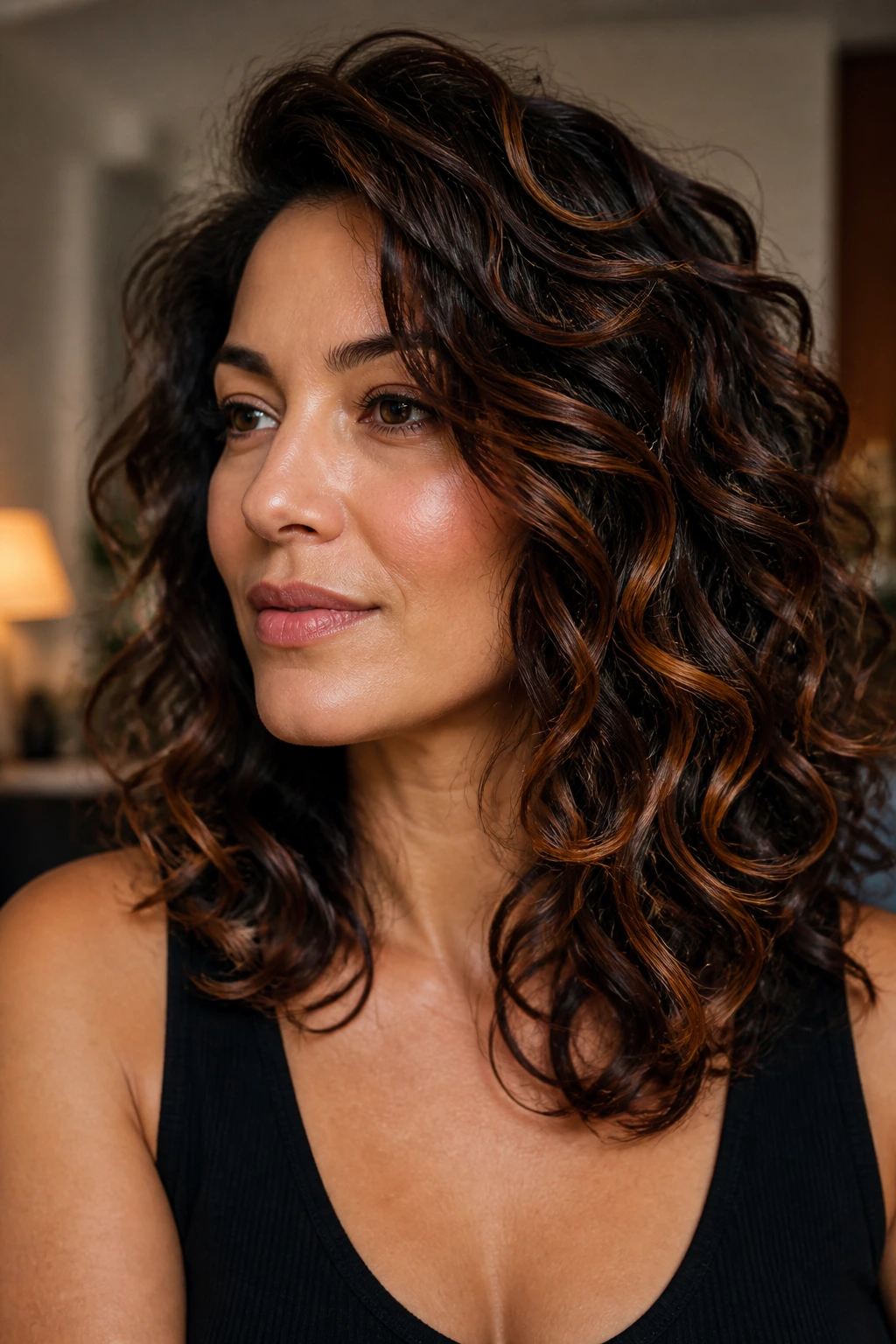 Layered curls with cinnamon highlights on outer rings in a warm setting