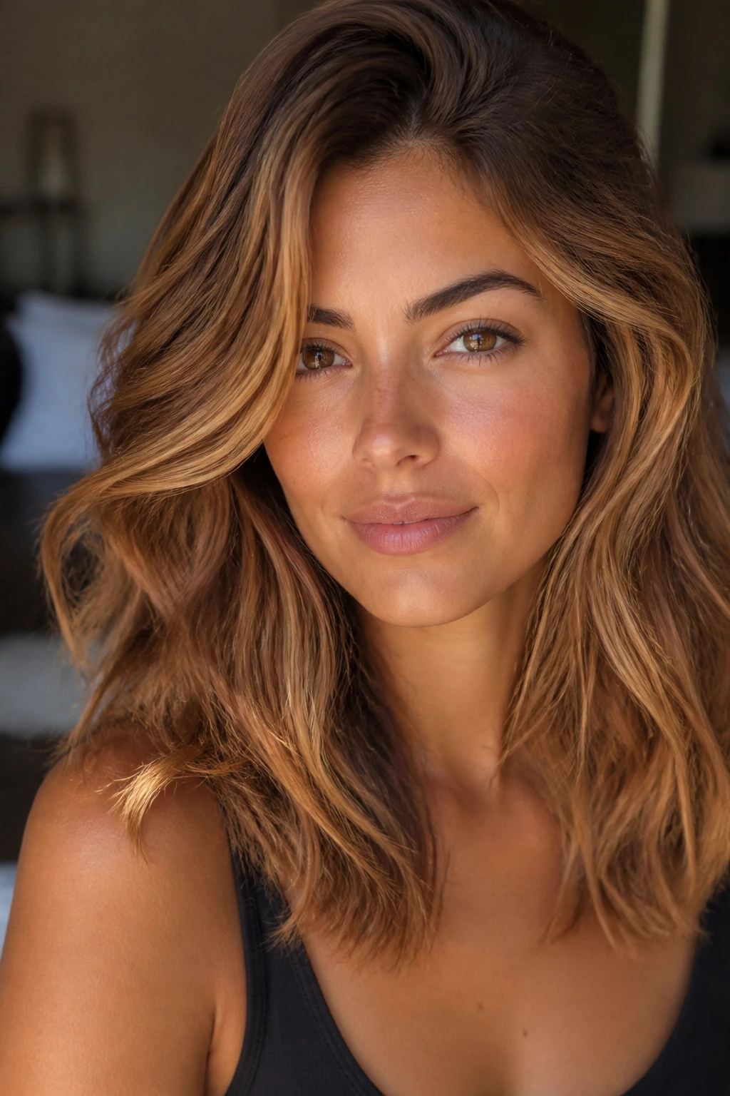Close-up portrait of cinnamon honey blonde hair on olive skin with soft waves