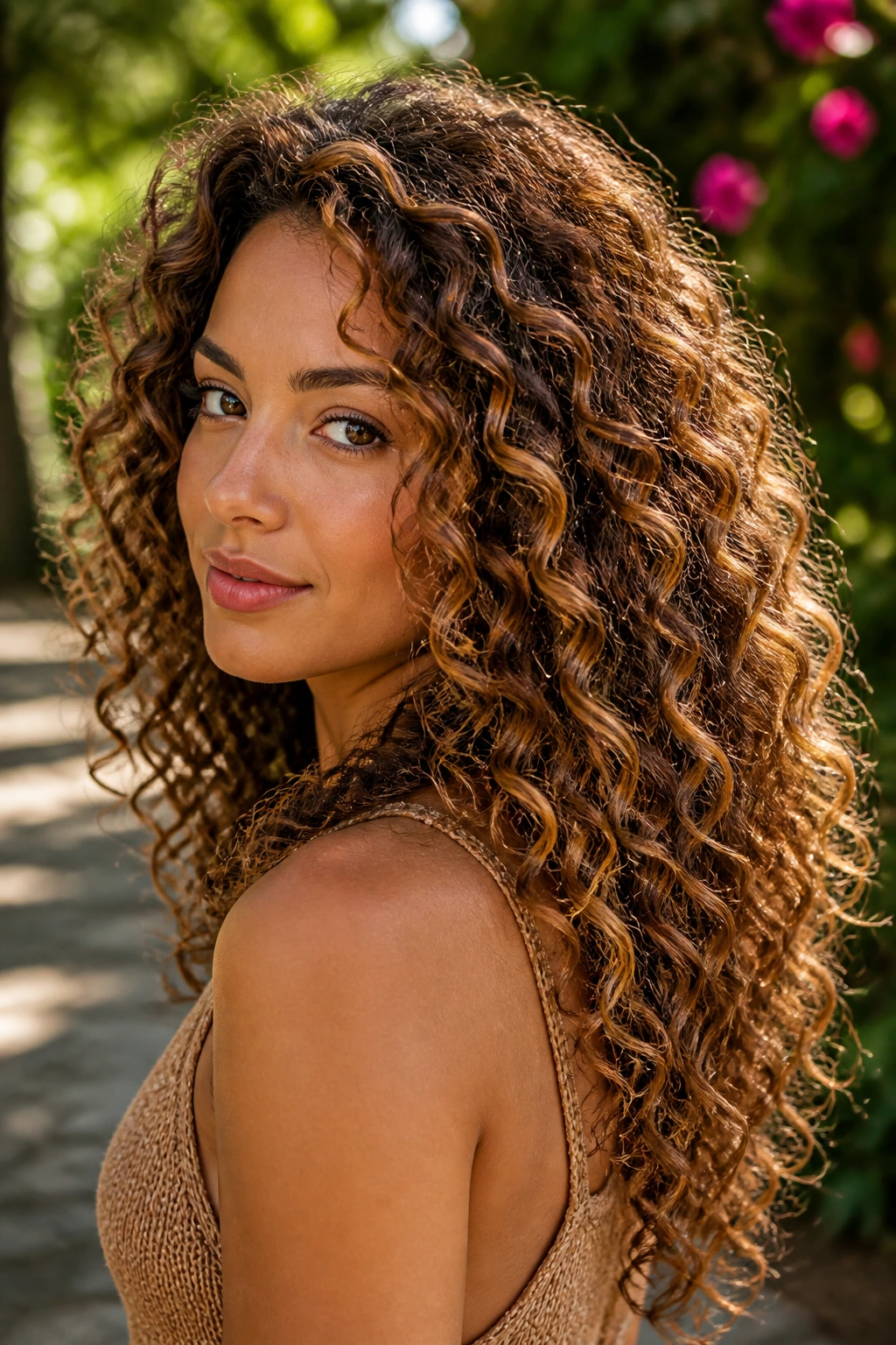 Close-up of a real woman with cinnamon-honey curls and defined highlights.