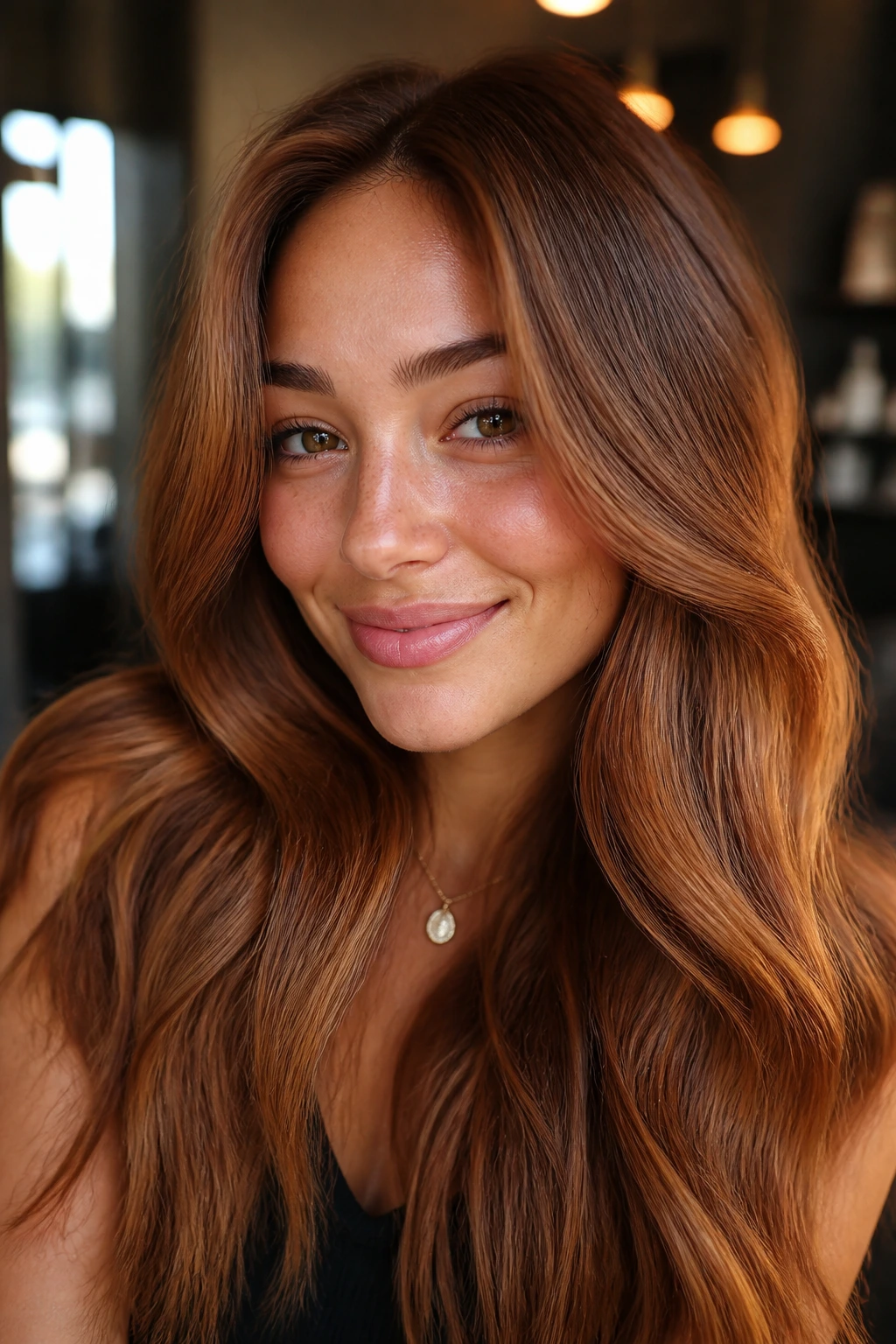 Close-up portrait of a real woman with cinnamon honey gloss hair under warm window light