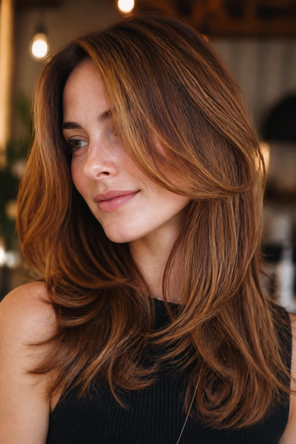 Close-up portrait of a real woman with cinnamon honey layers hair