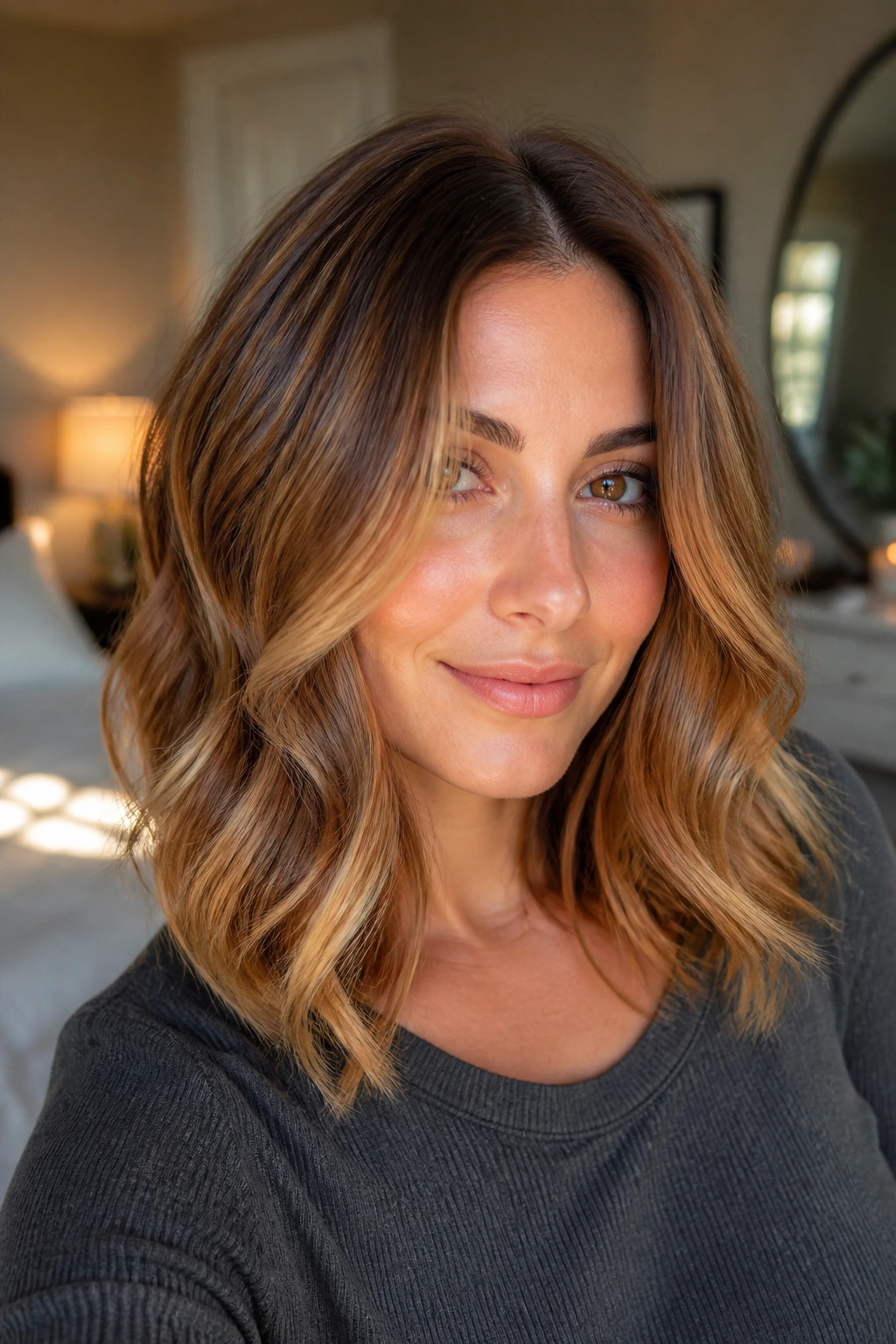 Portrait of shoulder-length hair with cinnamon honey melt