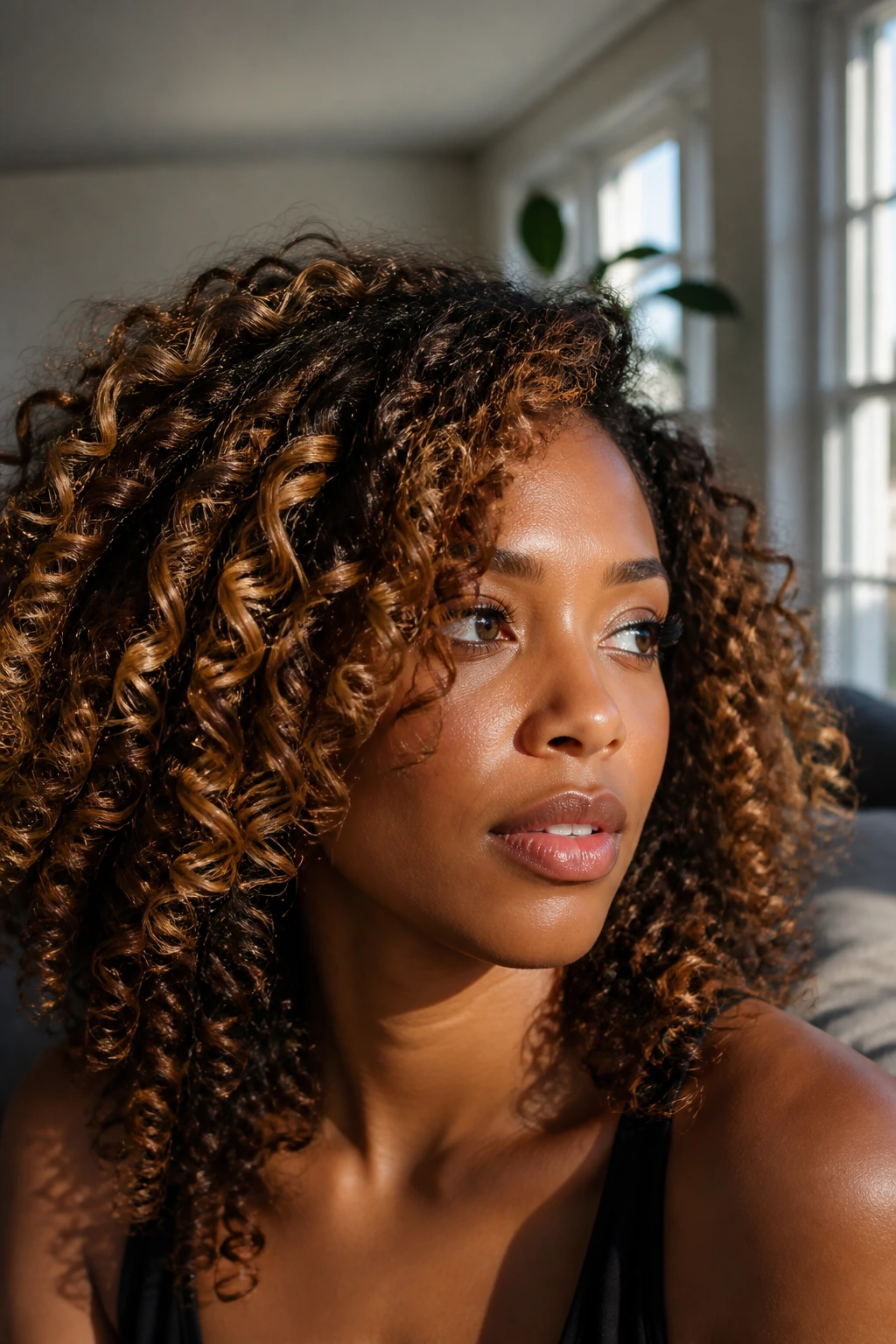 Close-up of a real woman with cinnamon honey ribbon highlights on curls