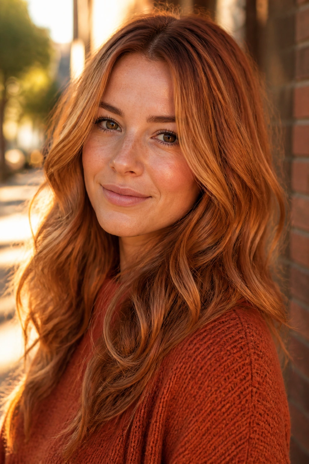 Portrait of a woman with cinnamon honey strawberry blonde in golden hour light.