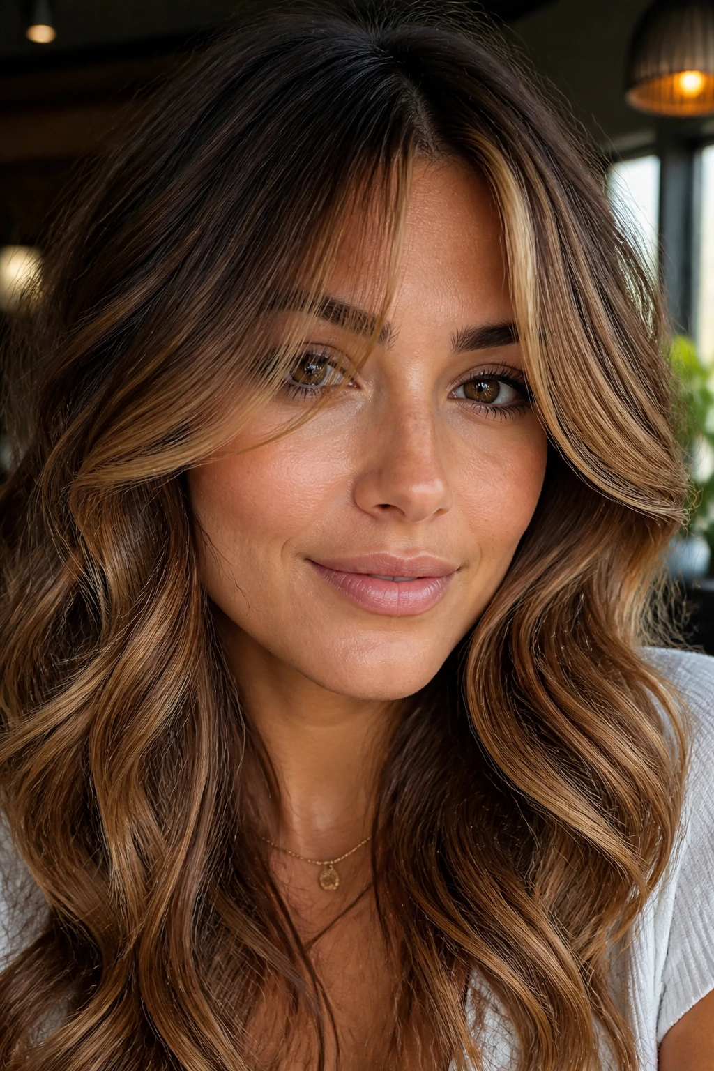Close-up of a real woman with cinnamon honey waves and a lived-in root in warm window light