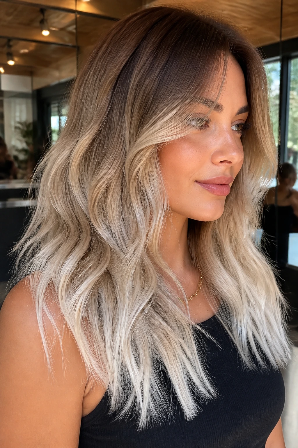 Close-up of cinnamon-to-ice gradient hair on a warm-toned real woman