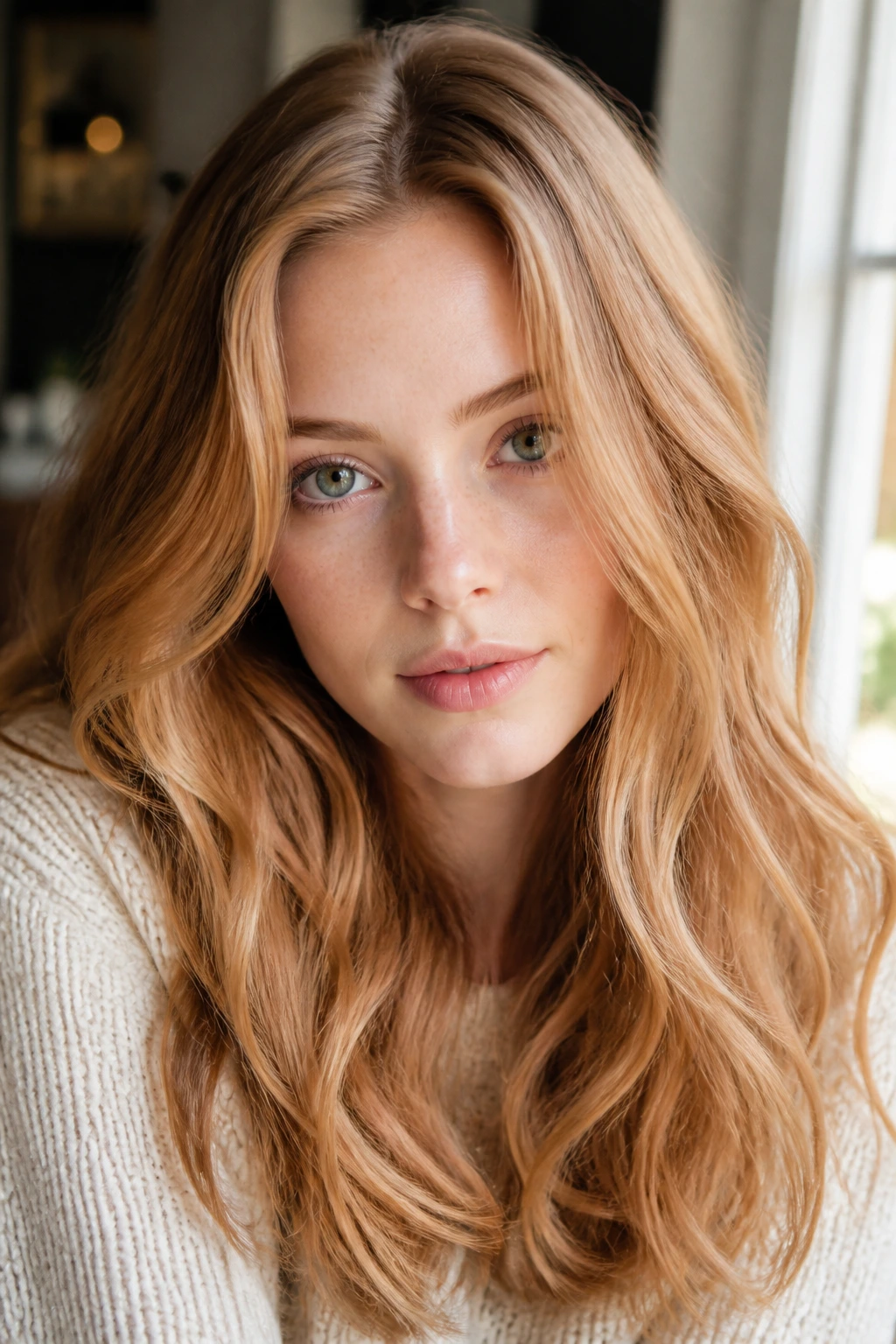 Close-up portrait of a real woman with cinnamon kissed blonde hair in sunlit window light
