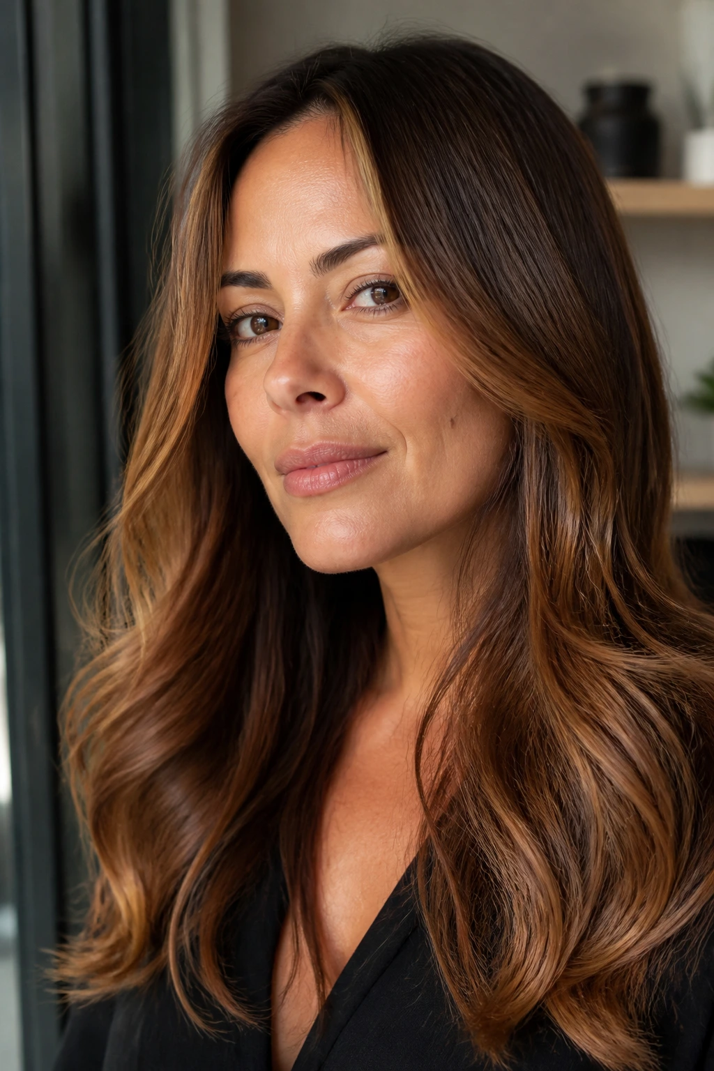 Close-up portrait of a real woman with cinnamon latte brown hair and warm cinnamon gloss.