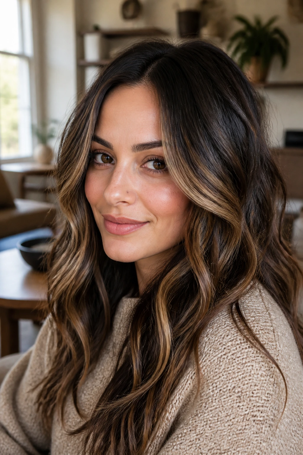 Close-up of a real woman with Cinnamon Latte Streaks in dark hair, creamy warm highlights around the face.