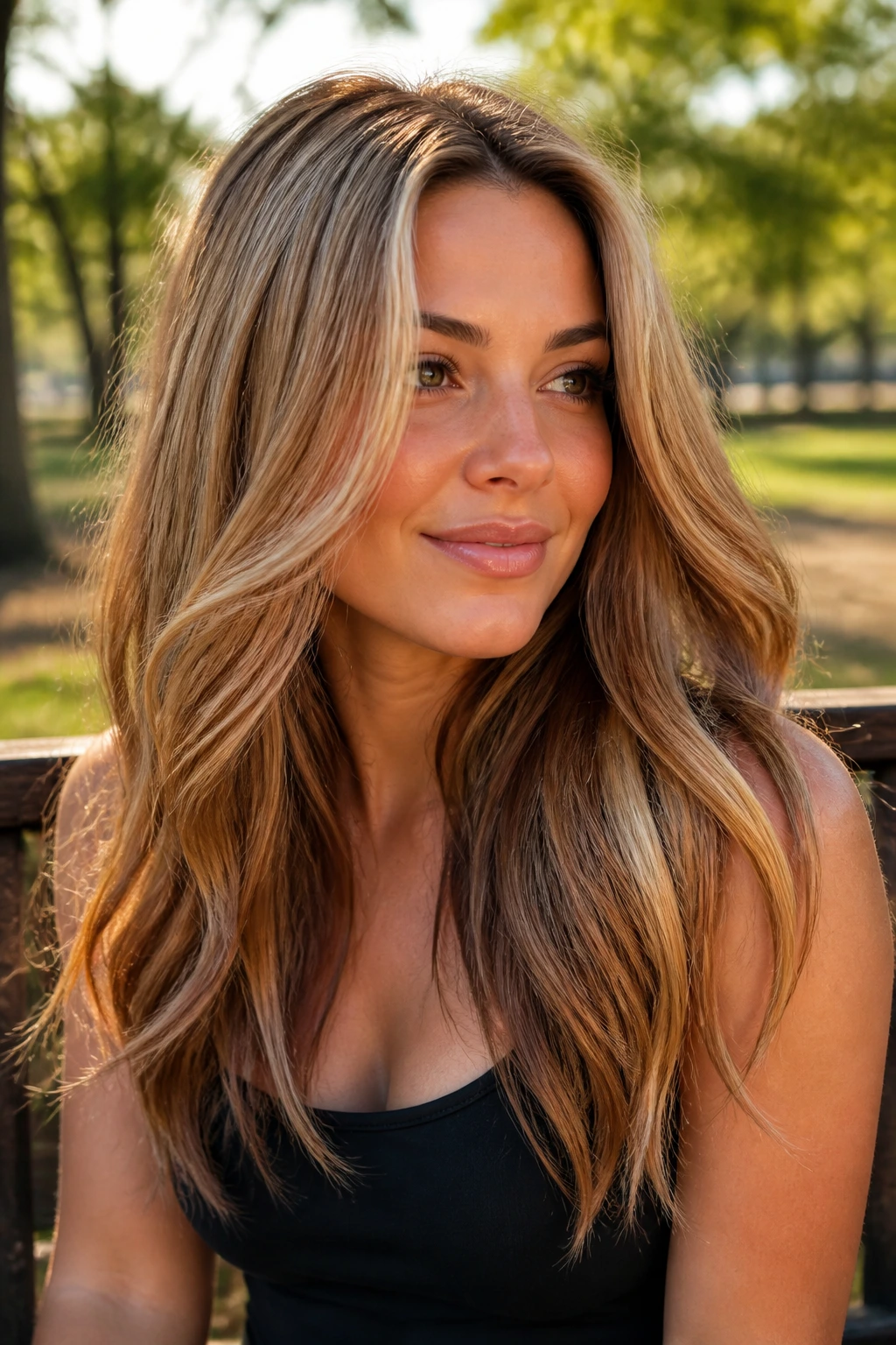 Close-up of a real woman with cinnamon lowlights in blonde/bronde hair in natural light.