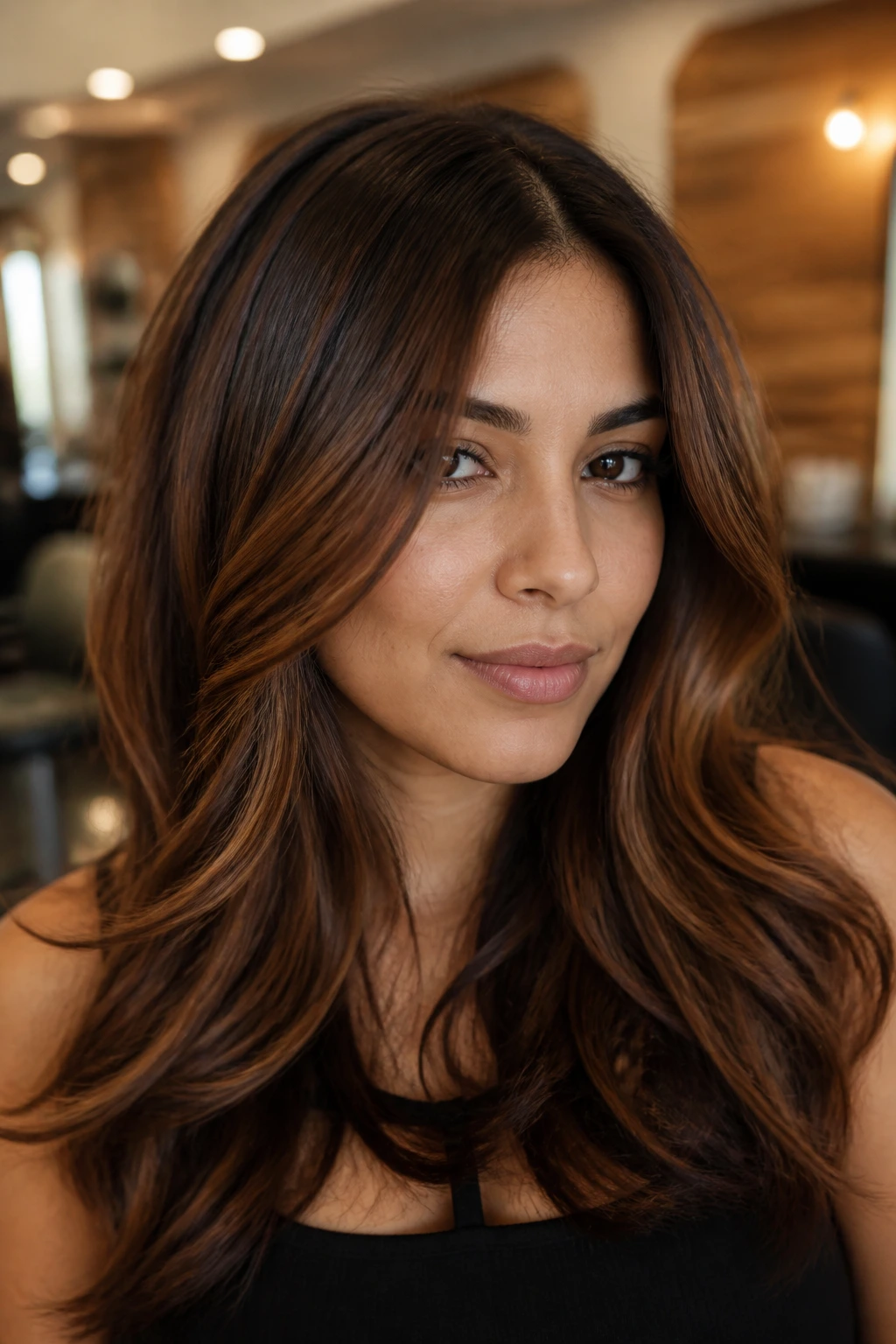 Close-up portrait of a real woman with cinnamon lowlights for extra depth in brown hair, warm salon lighting.