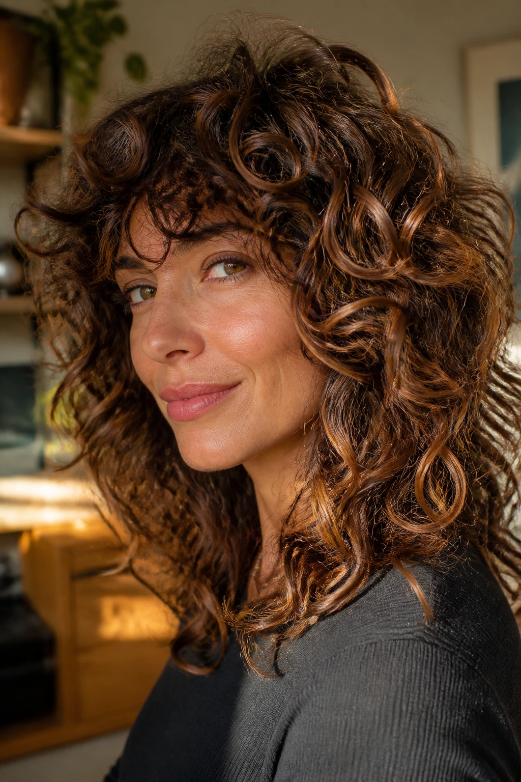 Curly shag hairstyle with cinnamon lowlights enhancing movement