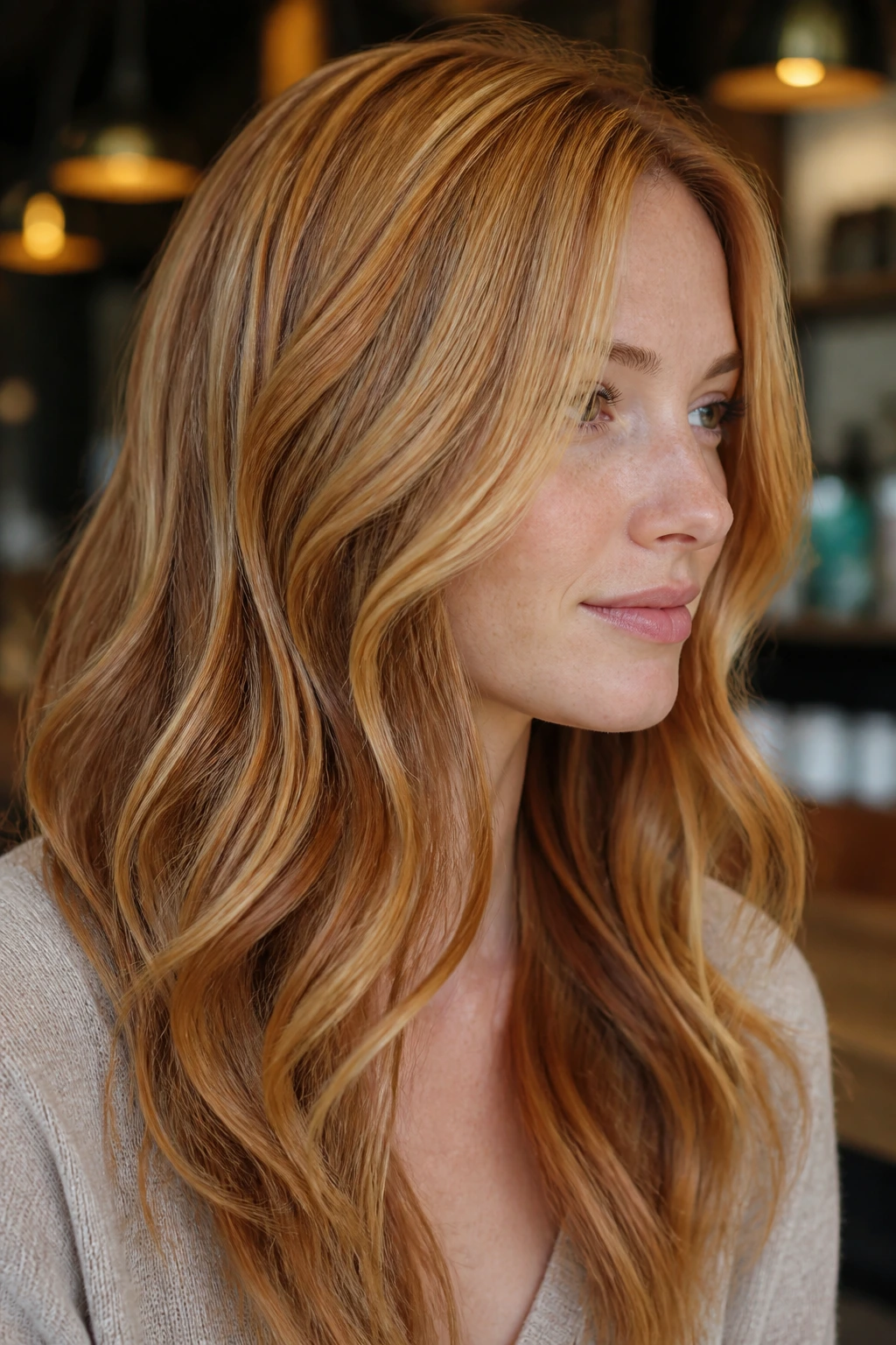 Close-up of a real woman with cinnamon lowlights in strawberry blonde hair in warm cafe light