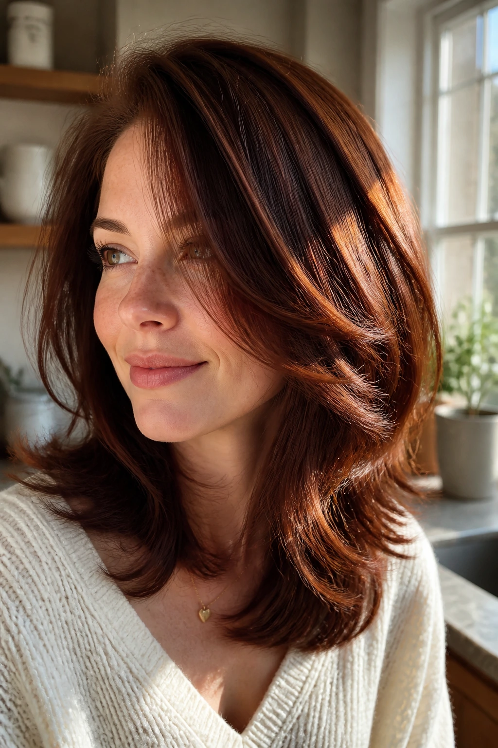 Medium close-up of layered midlength hair with cinnamon-mahogany glow
