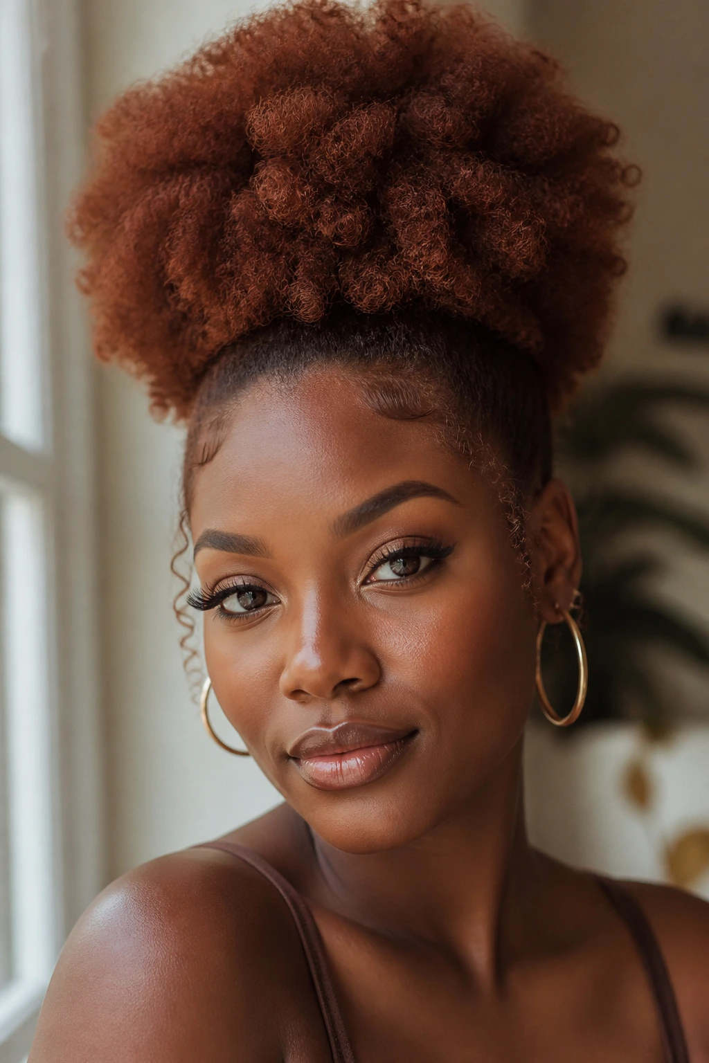 Close-up of a real woman with a cinnamon mahogany high puff on deep skin