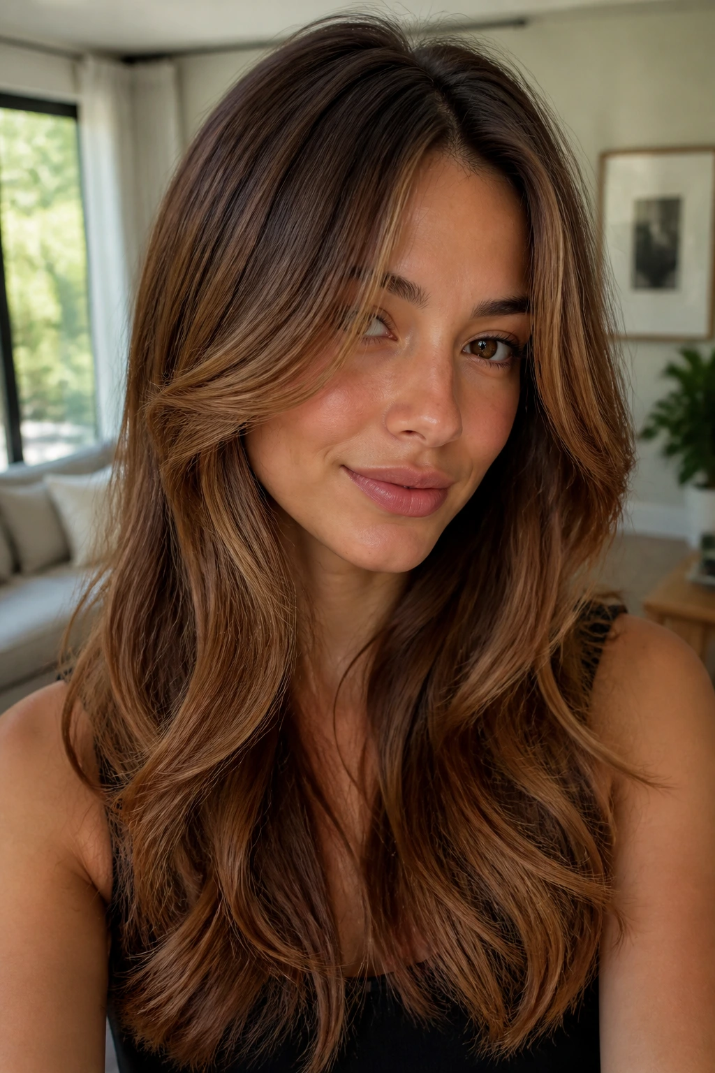 Close-up of curtain-layered cinnamon-maple caramel hair