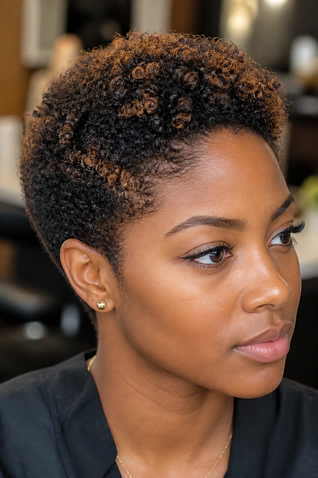 Real person with cinnamon-maple highlights on a TWA