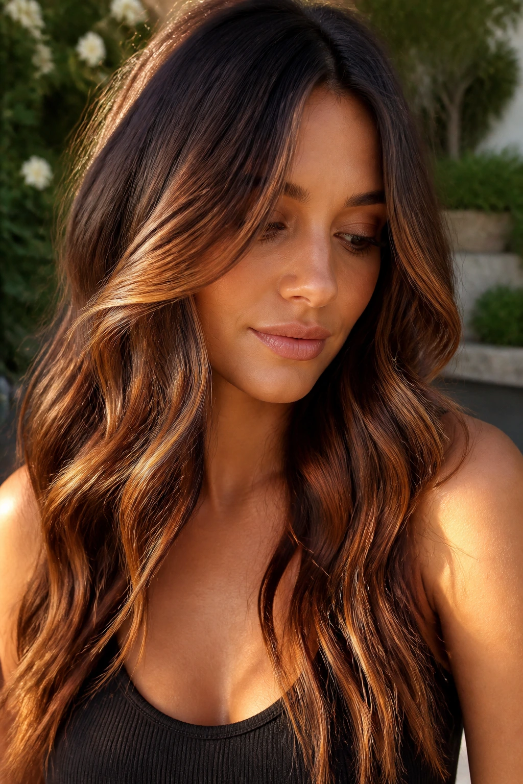 Wavy brunette hair with cinnamon and caramel highlights on a real person