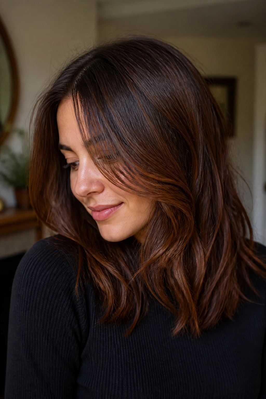 Shoulder-length brunette with cinnamon midlength ribbons catching the bend