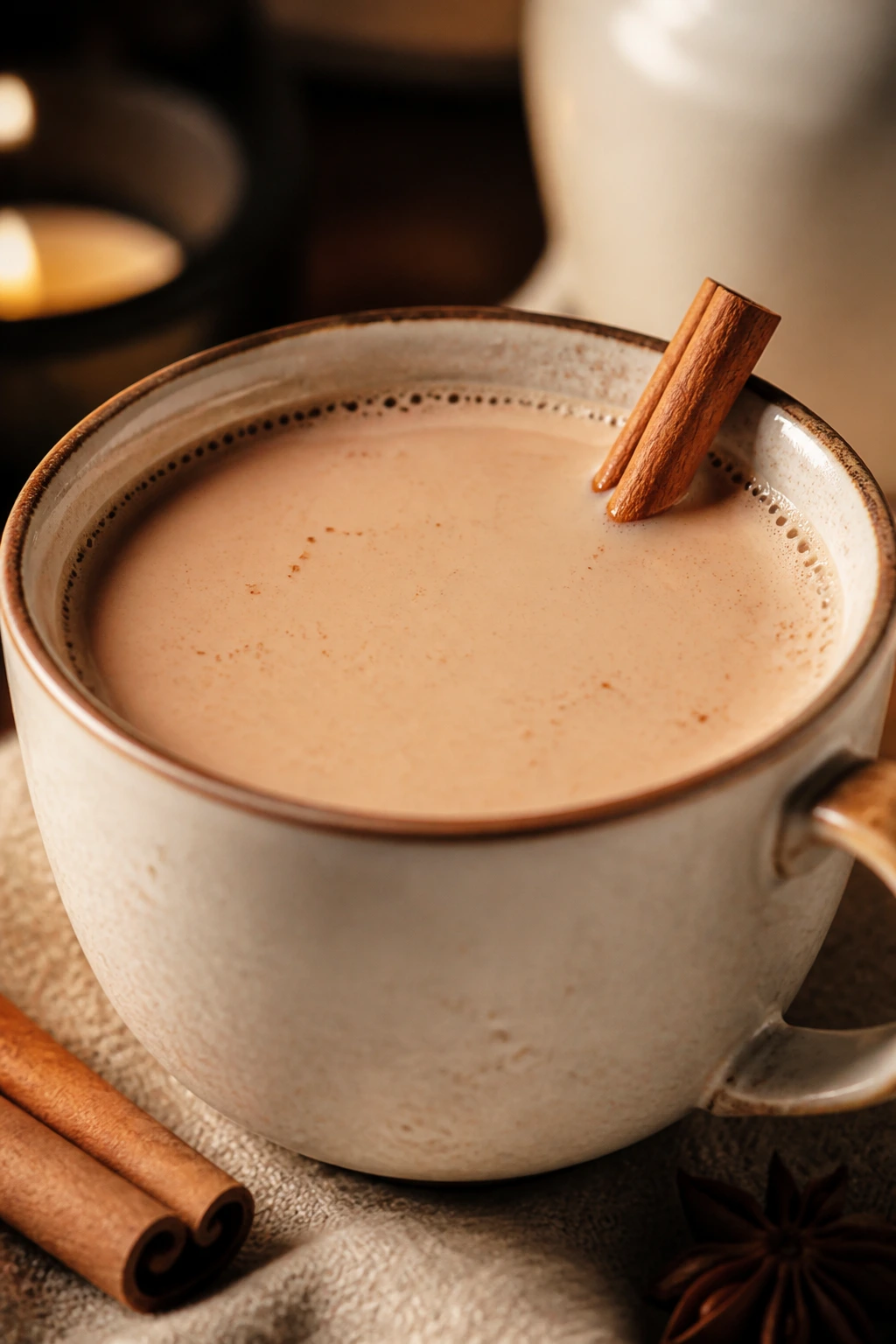 Close-up of a cup of cinnamon milk tea in warm kitchen lighting