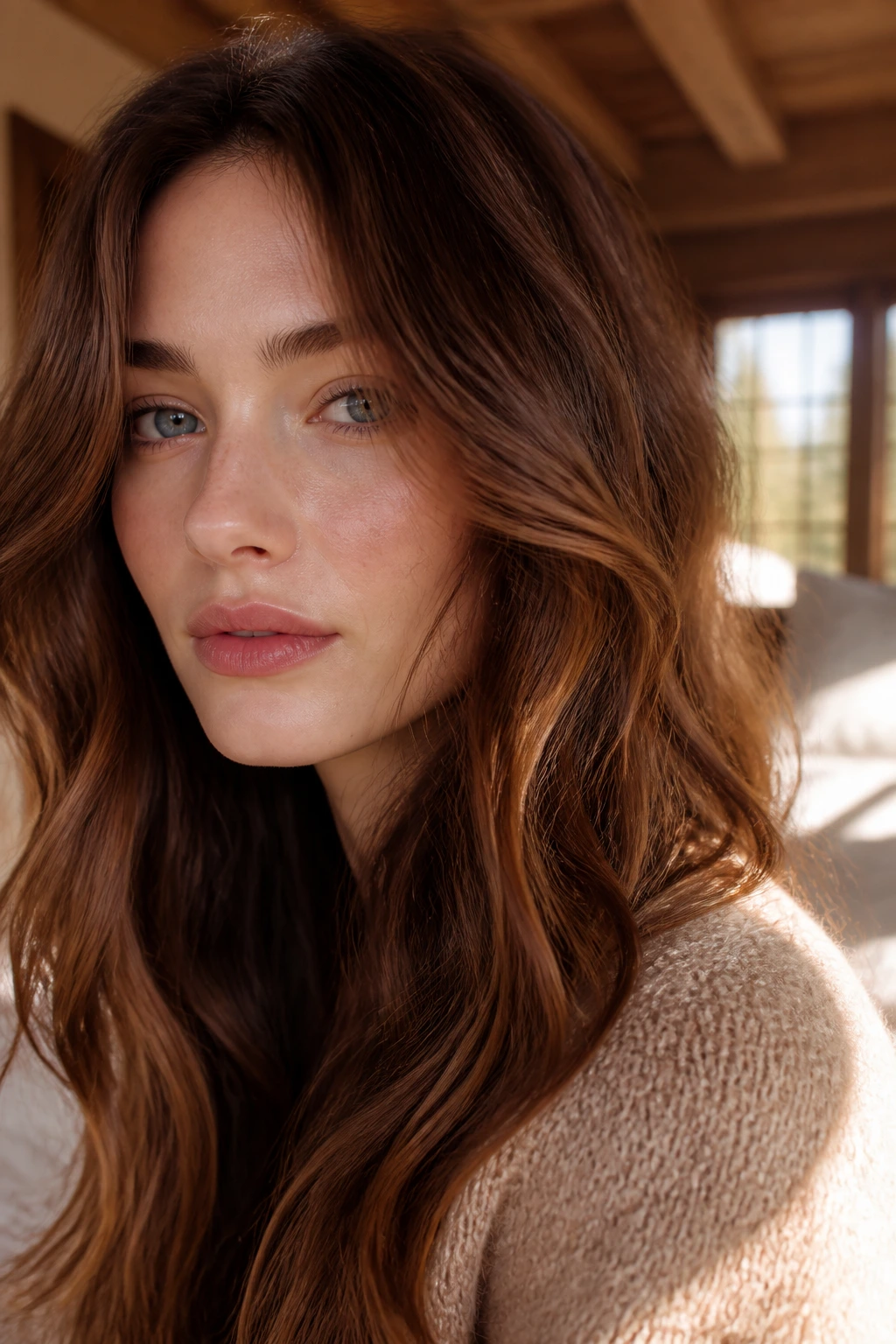 Close-up portrait of a real woman with cinnamon mocha hair color in soft window light
