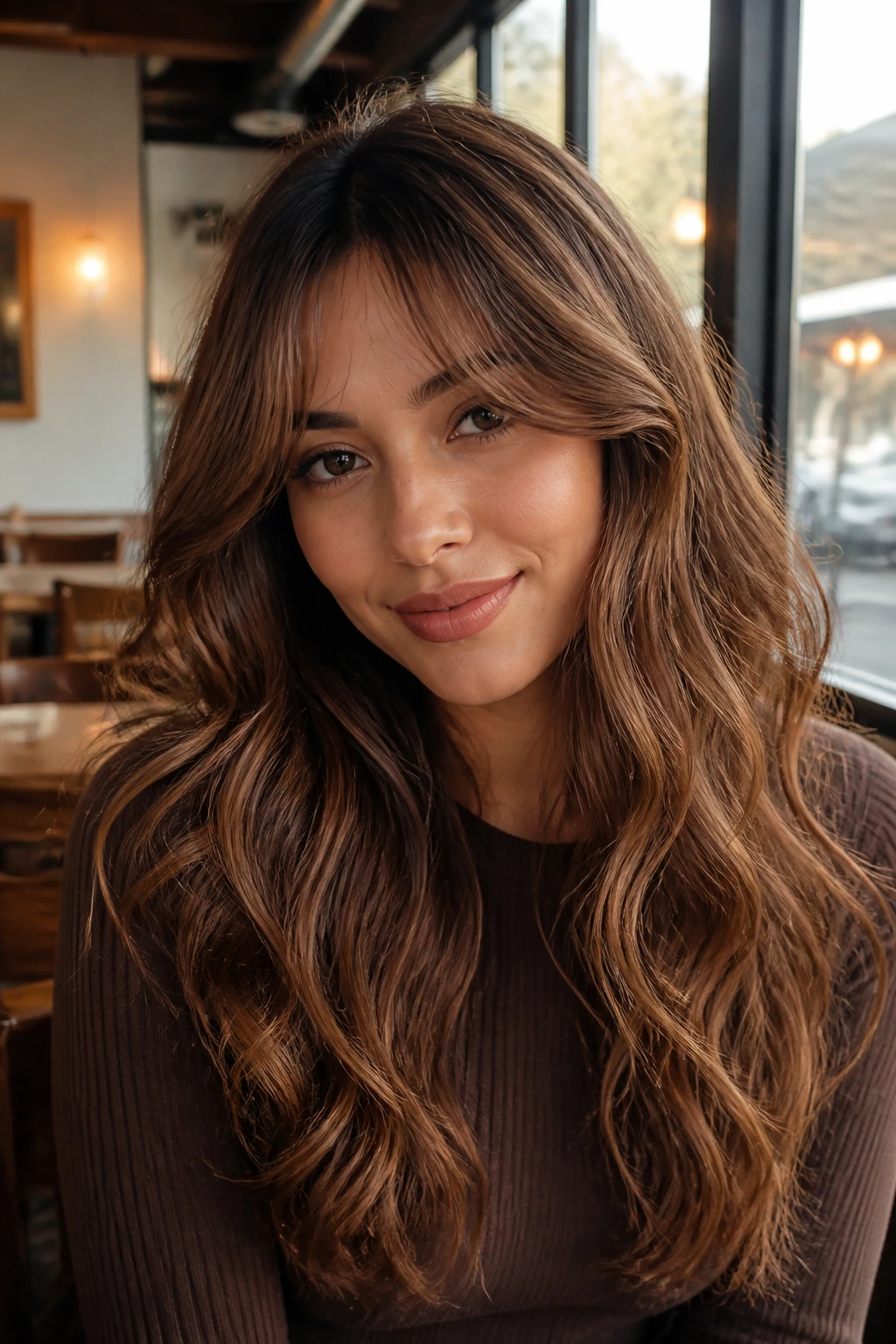 Close-up portrait of a real woman with cinnamon mocha waves and curtain bangs in a cafe setting.
