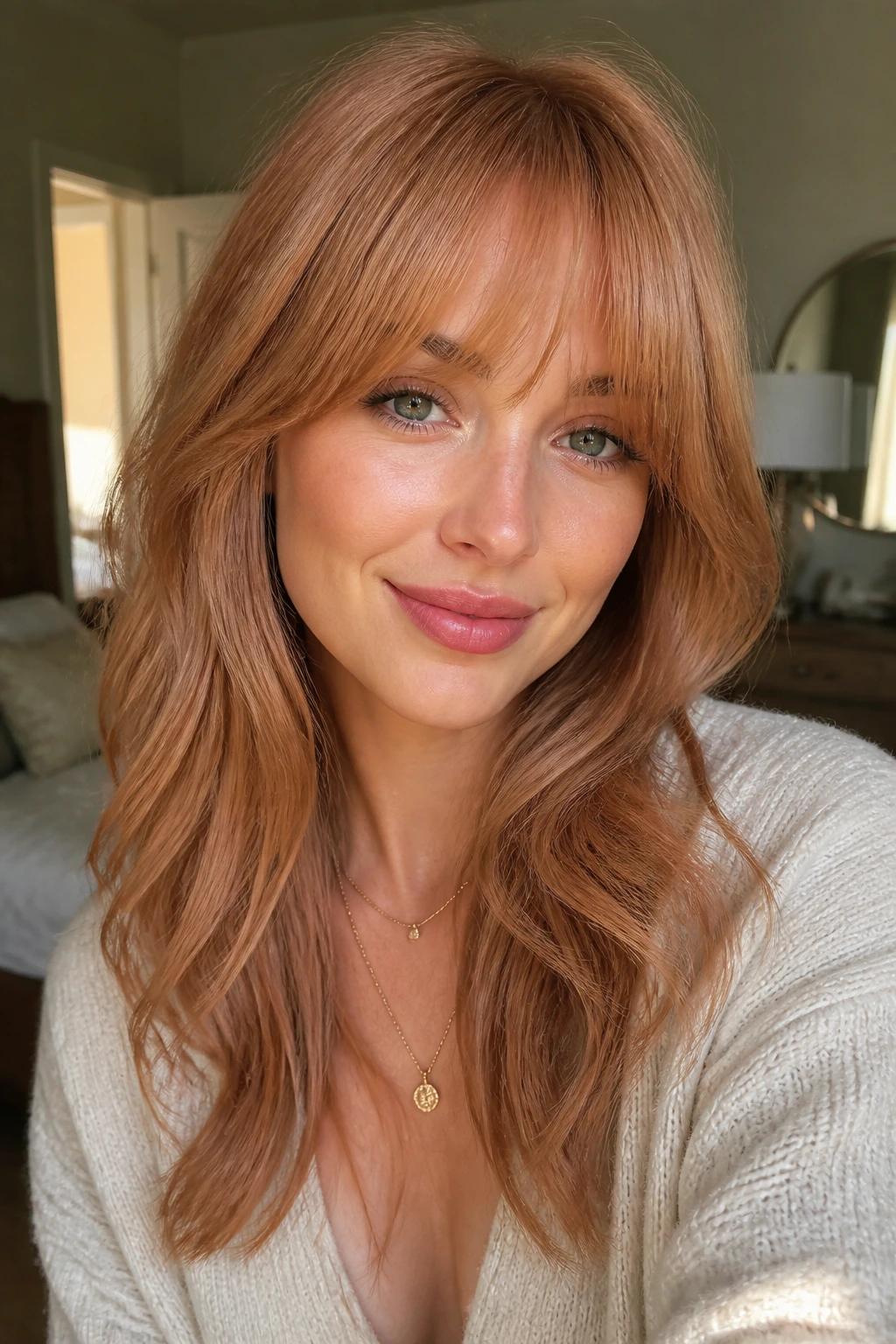 Close-up of a real woman with cinnamon peach fringe in natural light