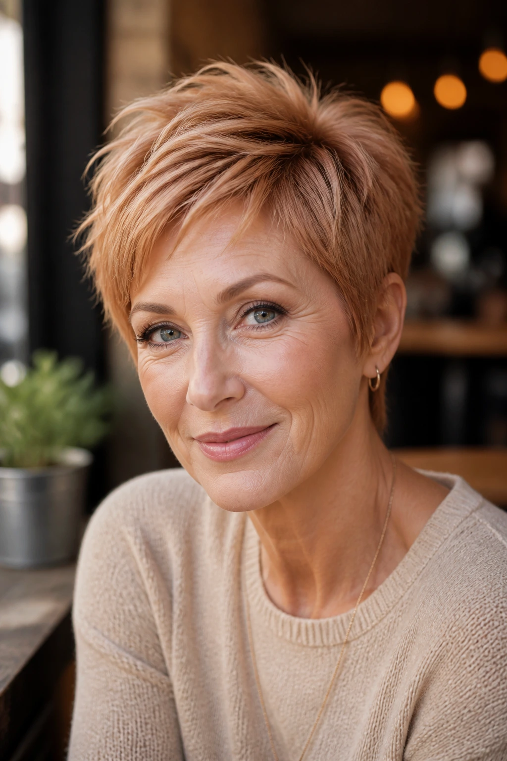 Close-up portrait of a real woman with cinnamon peach pixie hairstyle
