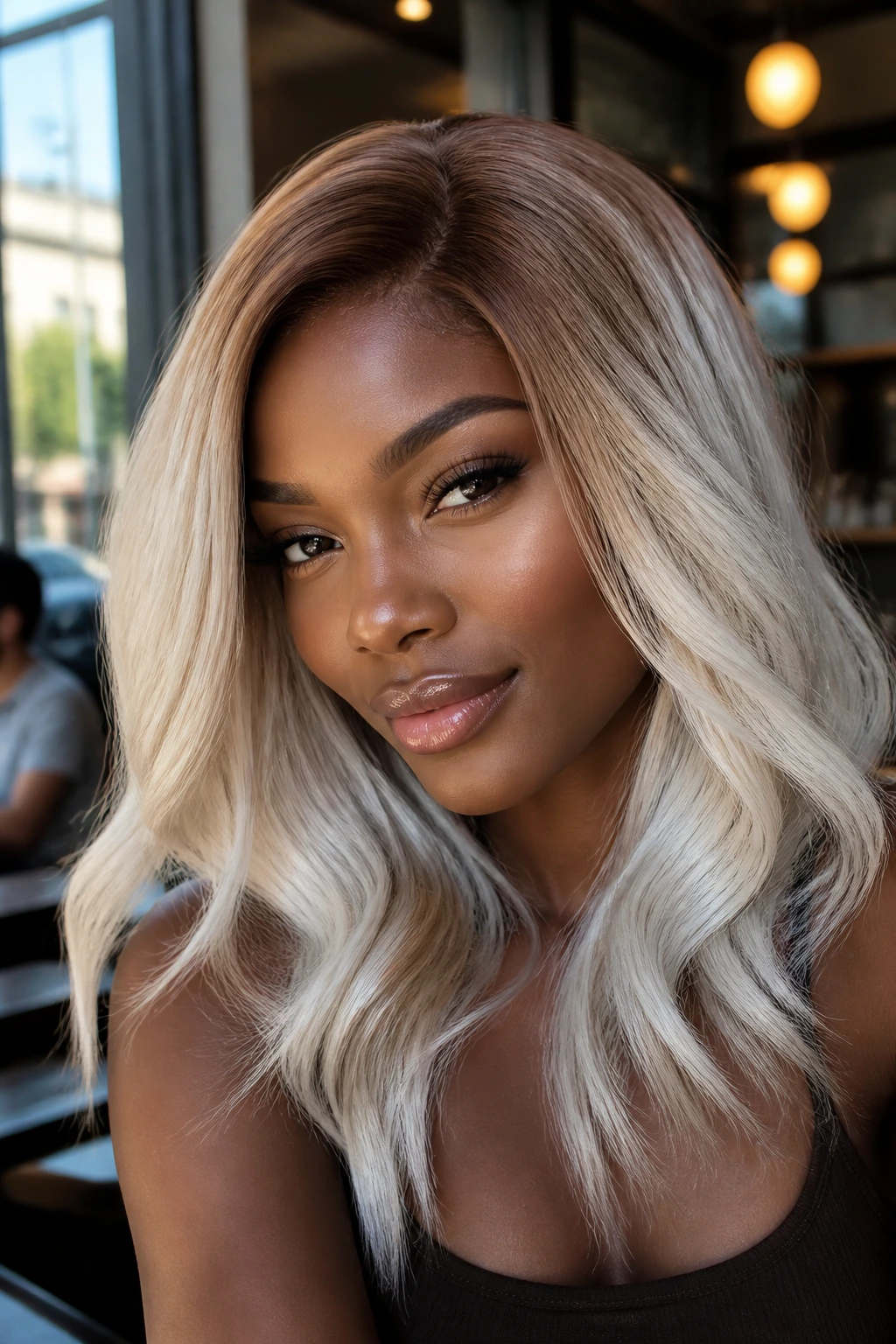 Close-up of a person with cinnamon-root platinum hair on deep skin, warm roots blending into platinum ends