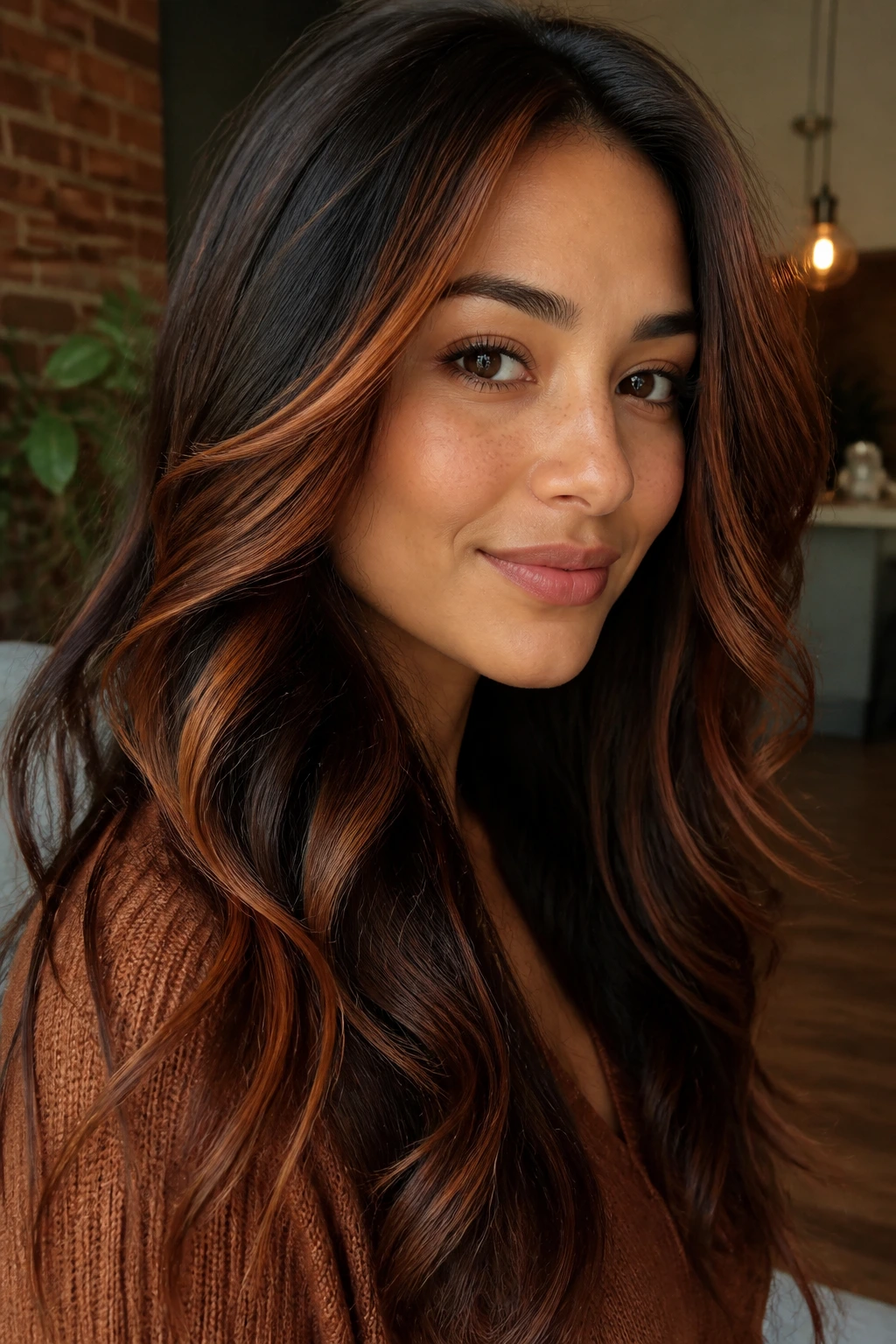 Real woman with cinnamon ribbon highlights in long layered hair