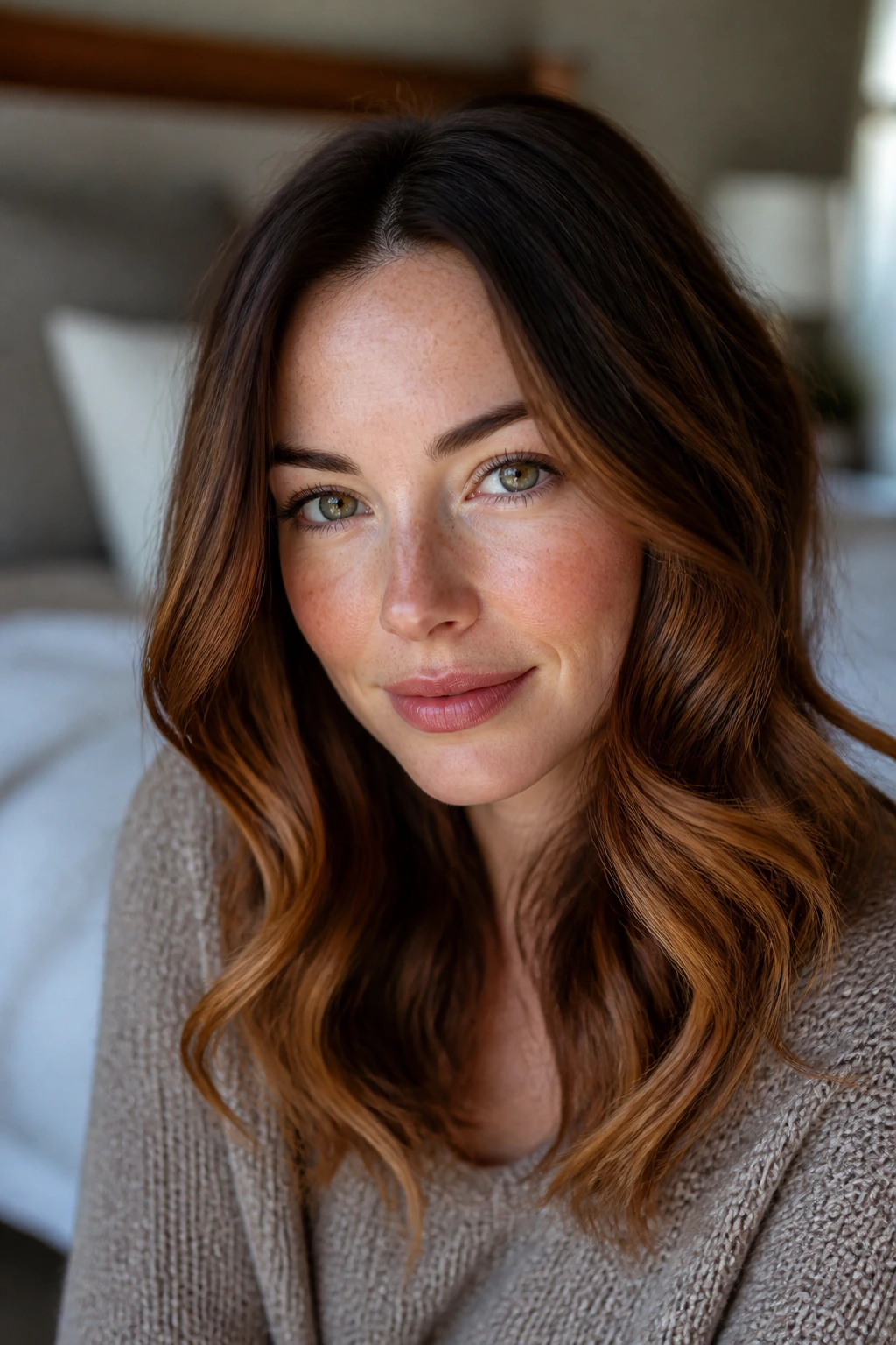 Close-up of Cinnamon Ribbon Ends on real hair with chocolate roots and caramel ends