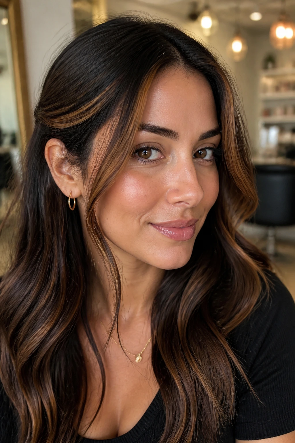 Brunette with cinnamon ribbon framing the face