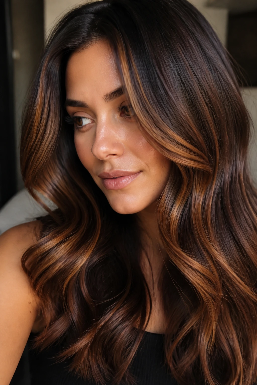 Brunette with cinnamon ribbon highlights providing warm, spiced finish.