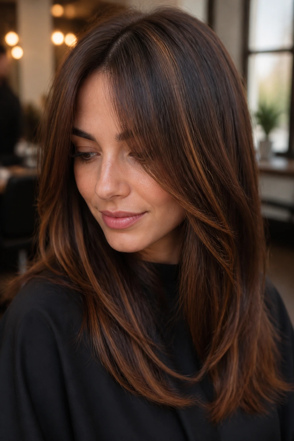 Close-up of a real woman with cinnamon ribbon highlights in dark brown hair, warm salon window light