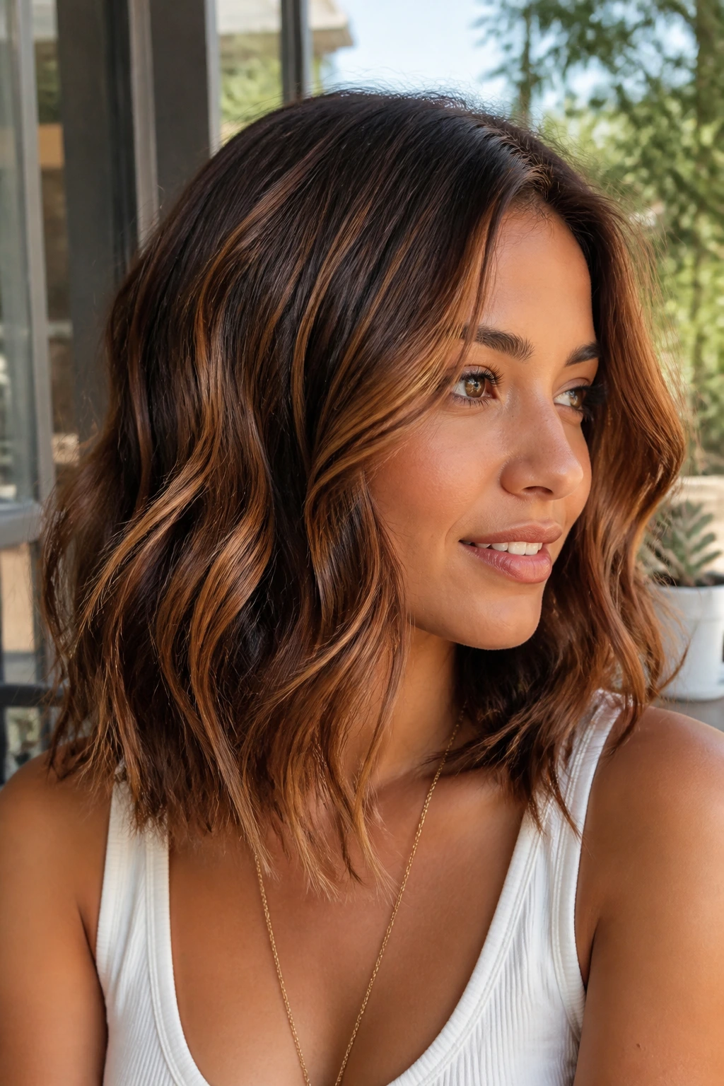 Close-up of cinnamon ribbon highlights on a wavy lob
