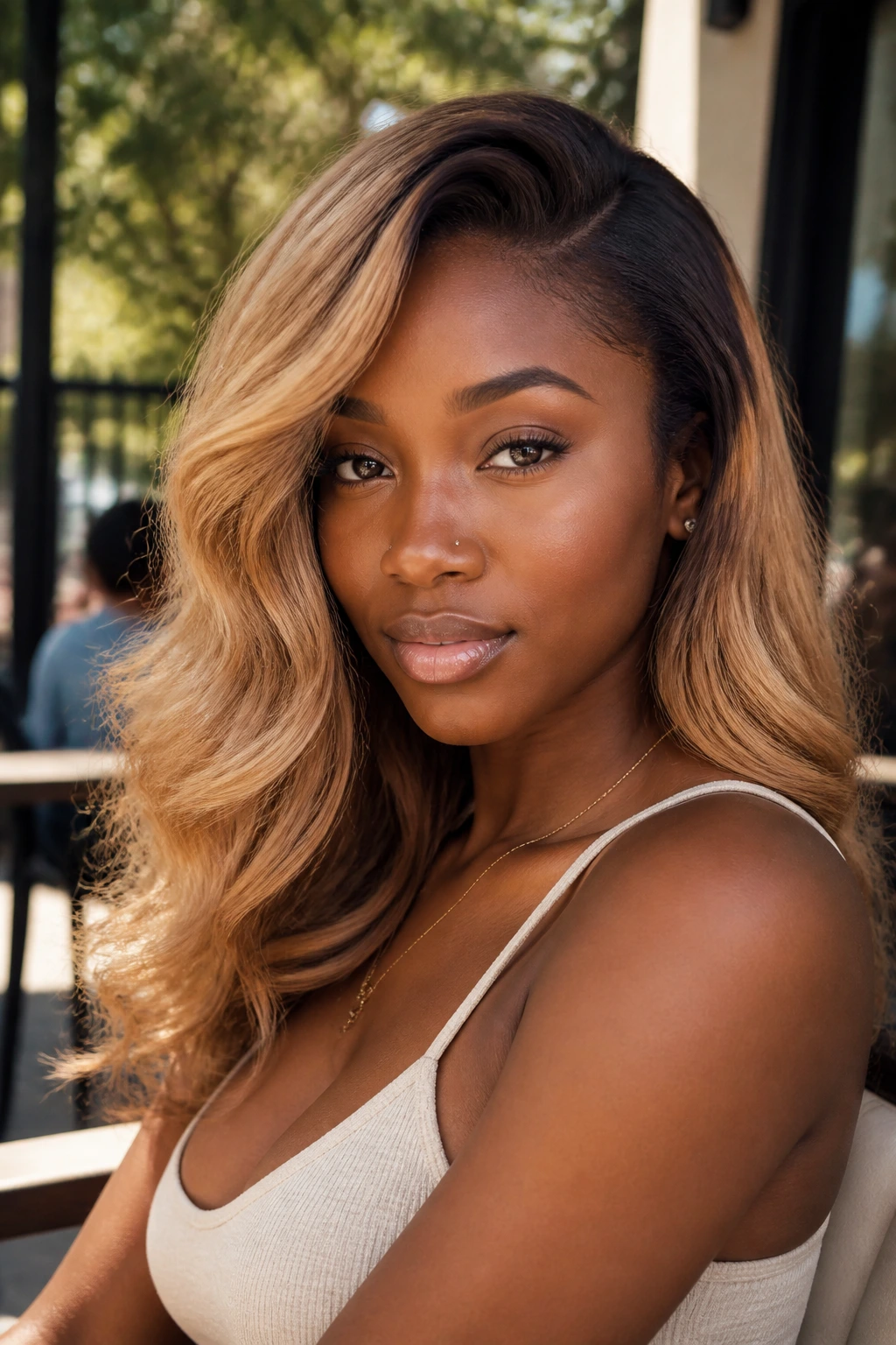 Real woman with cinnamon-root blonde waves in warm setting