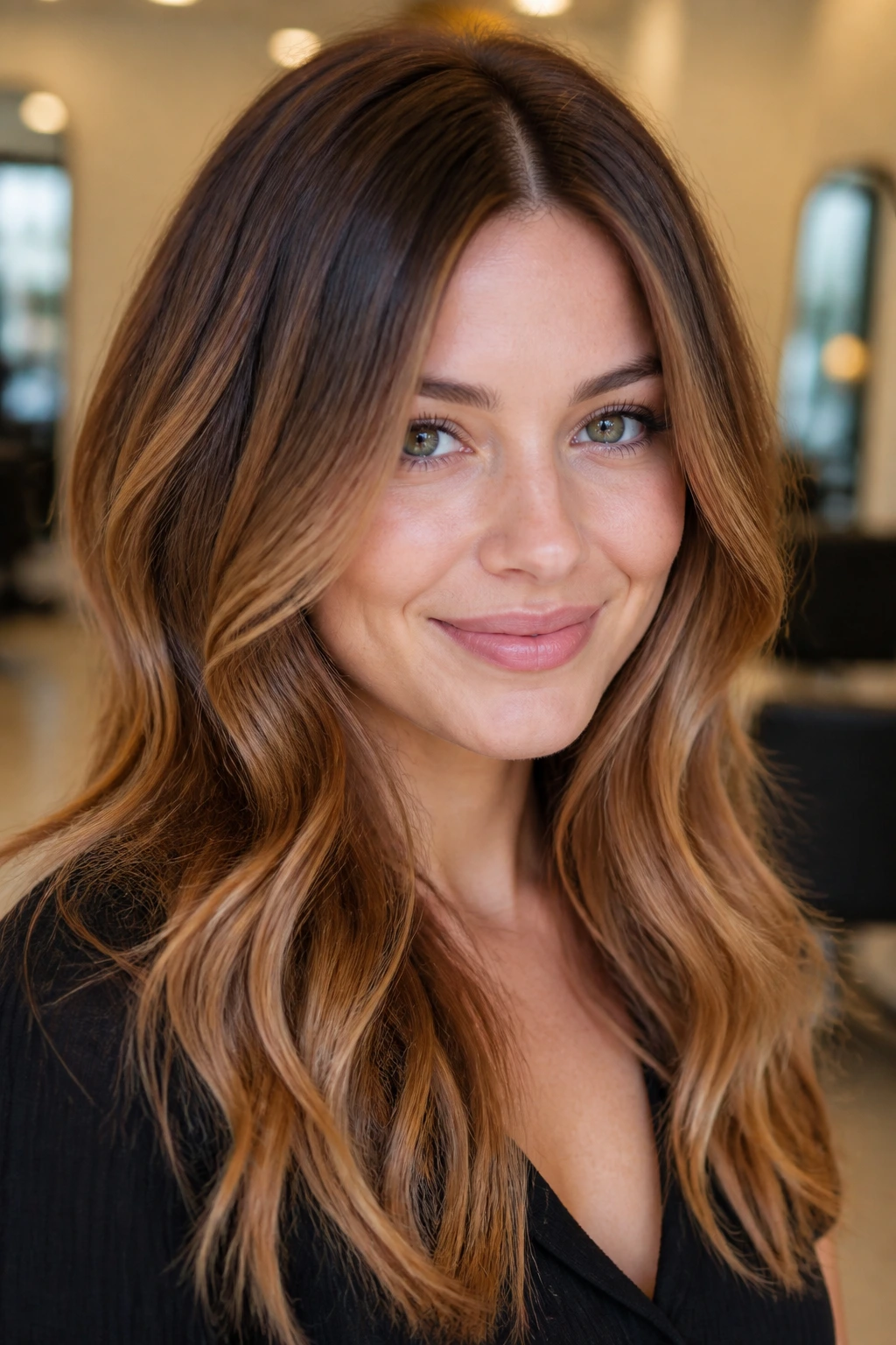Portrait of a real woman with Cinnamon Root Melt hair color, dark cinnamon roots to caramel lengths.